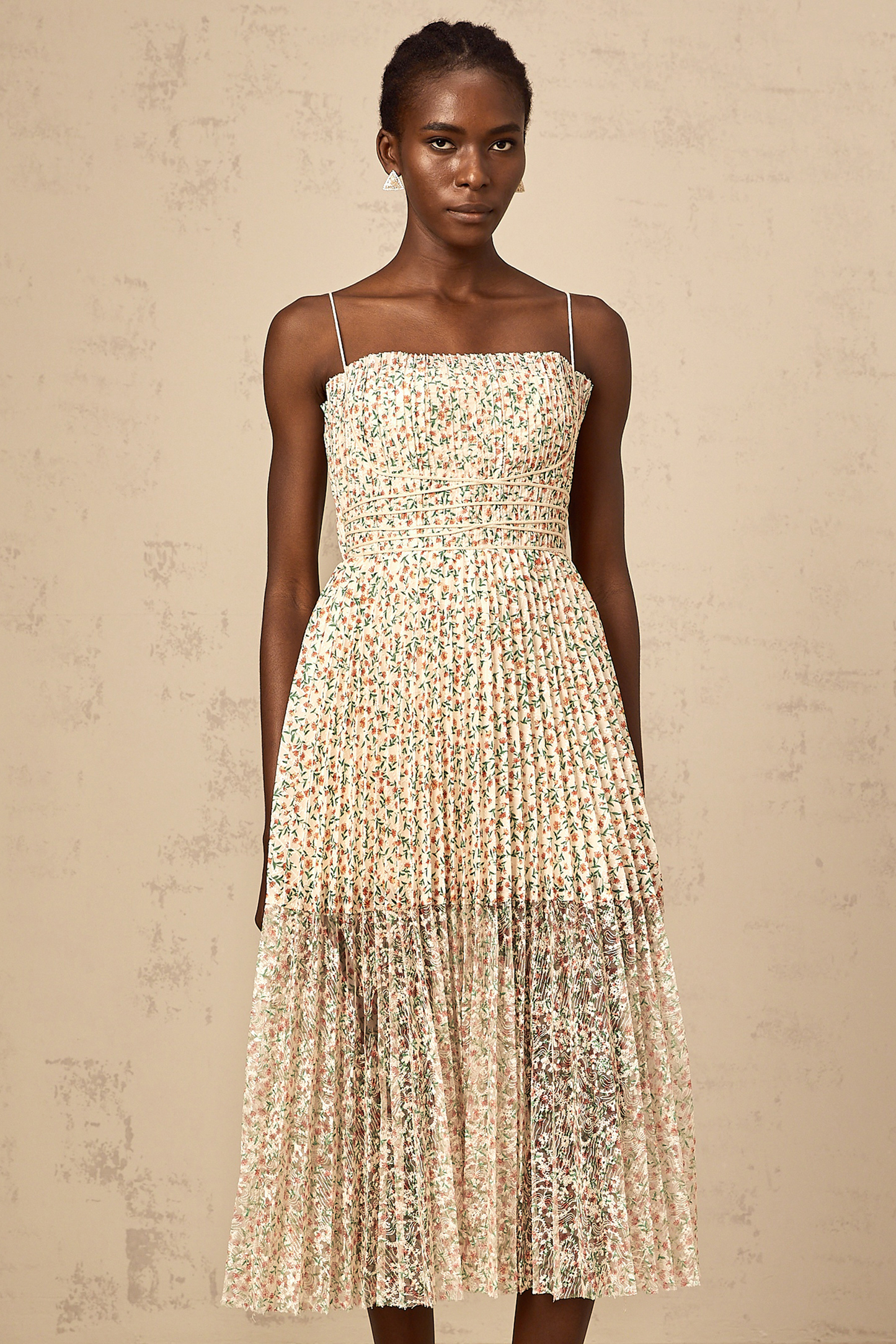 Marion white floral-print pleated midi dress