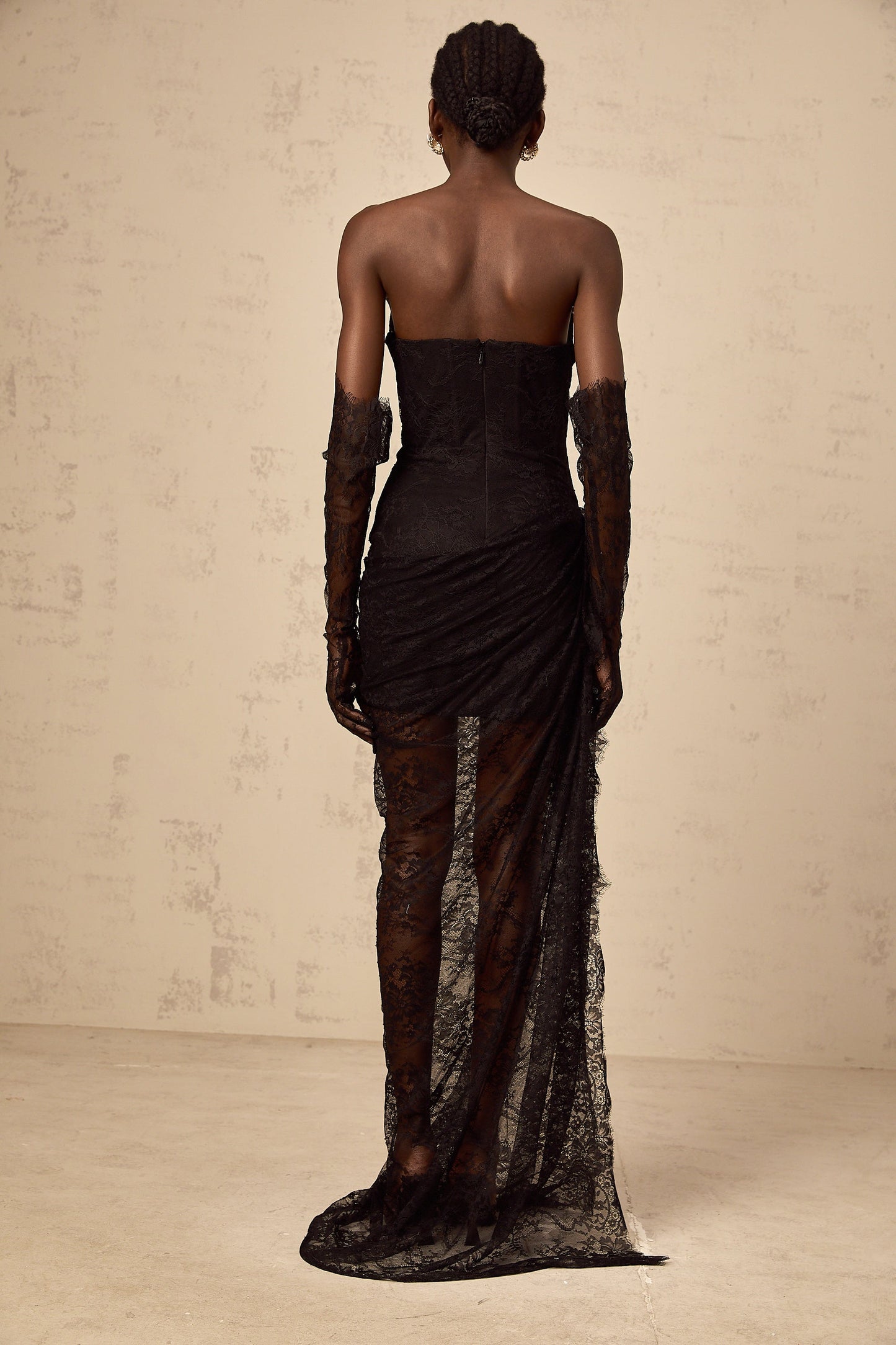 Sylvie black beaded asymmetric lace maxi dress