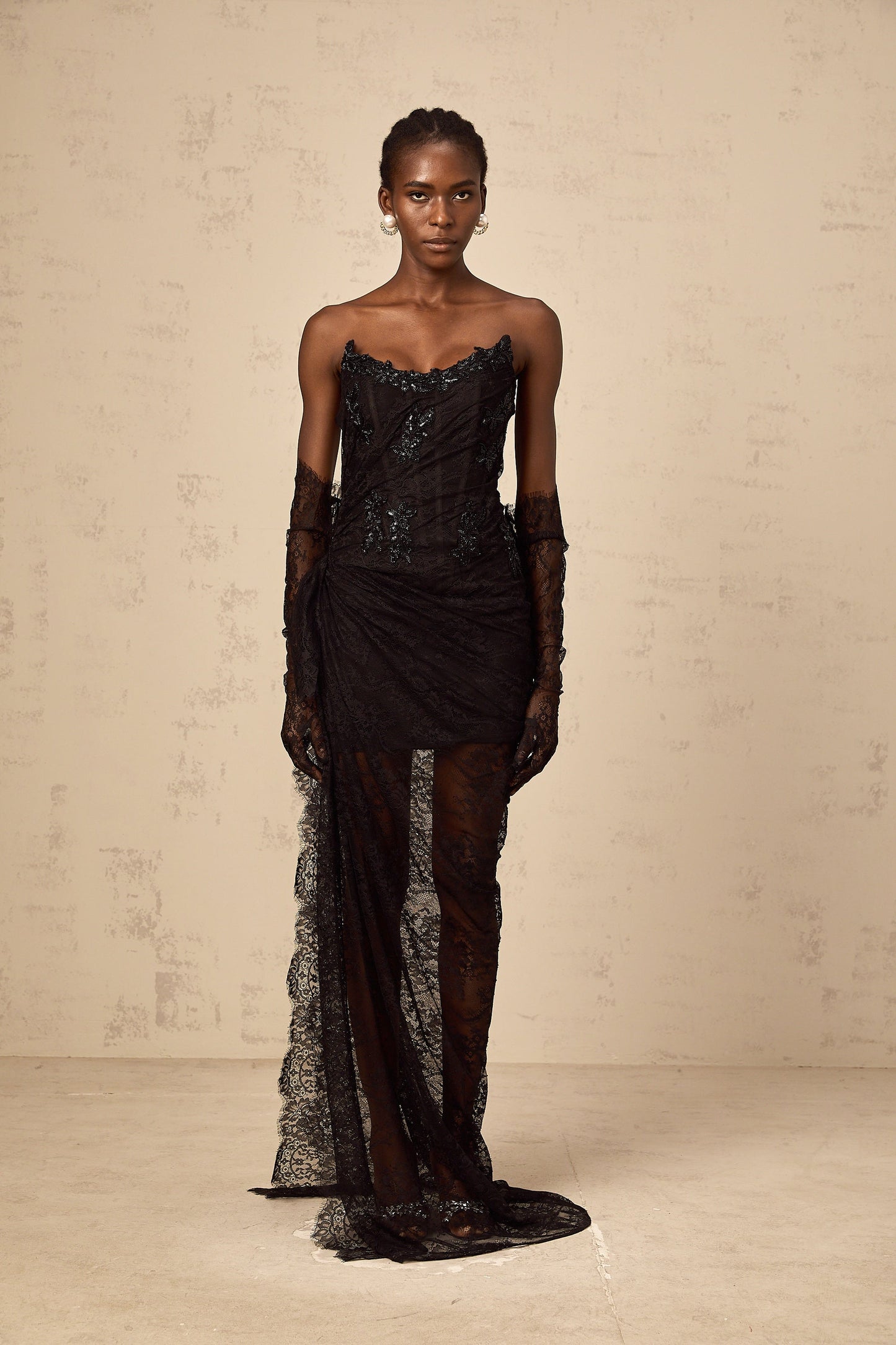 Sylvie black beaded asymmetric lace maxi dress