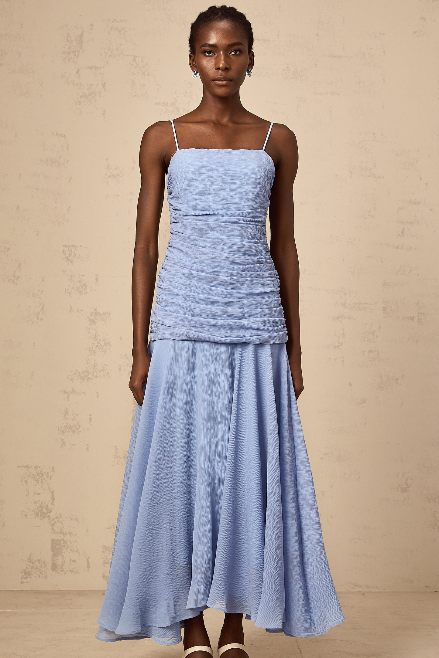 Marion blue ruched chiffon maxi dress