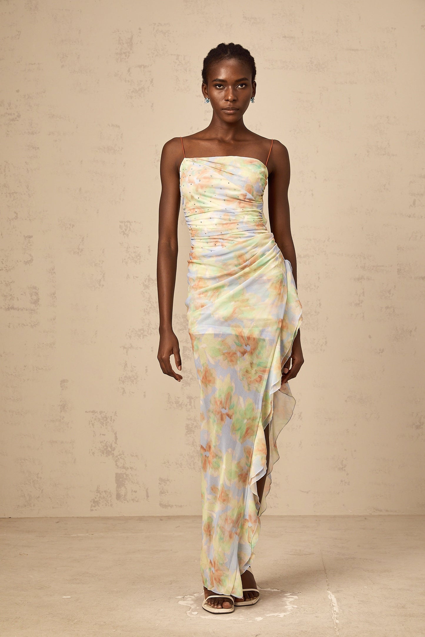 Yseult blue asymmetric floral-print ruched maxi dress