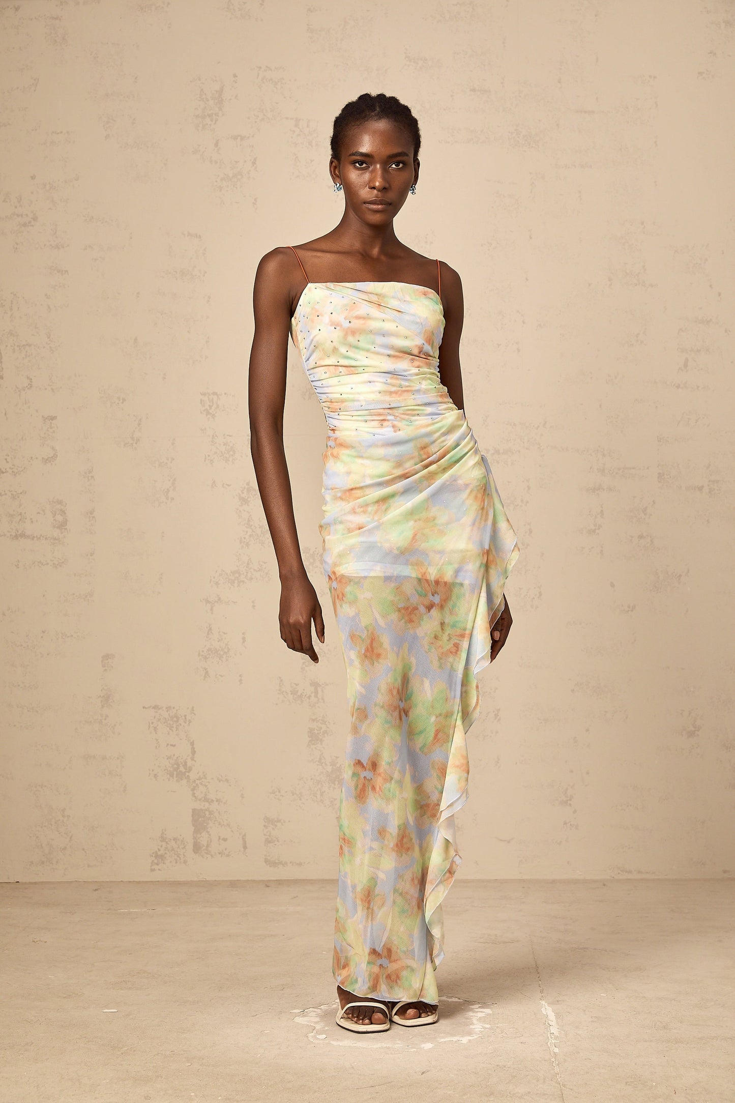 Yseult blue asymmetric floral-print ruched maxi dress
