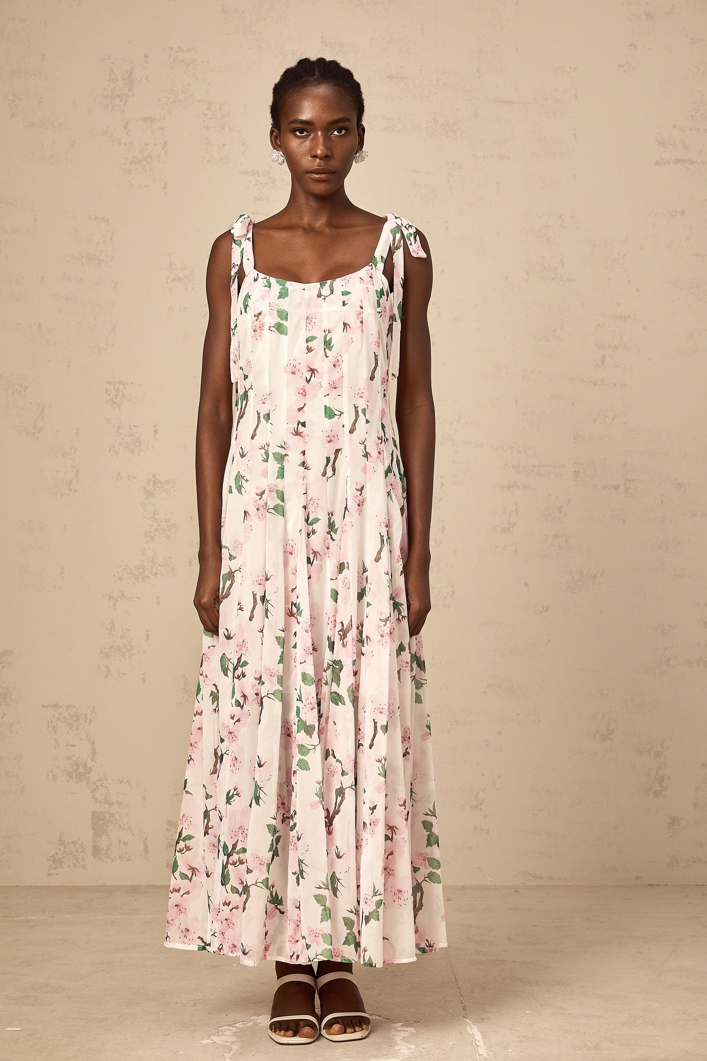 Noèle pink floral-print tied-strap maxi dress