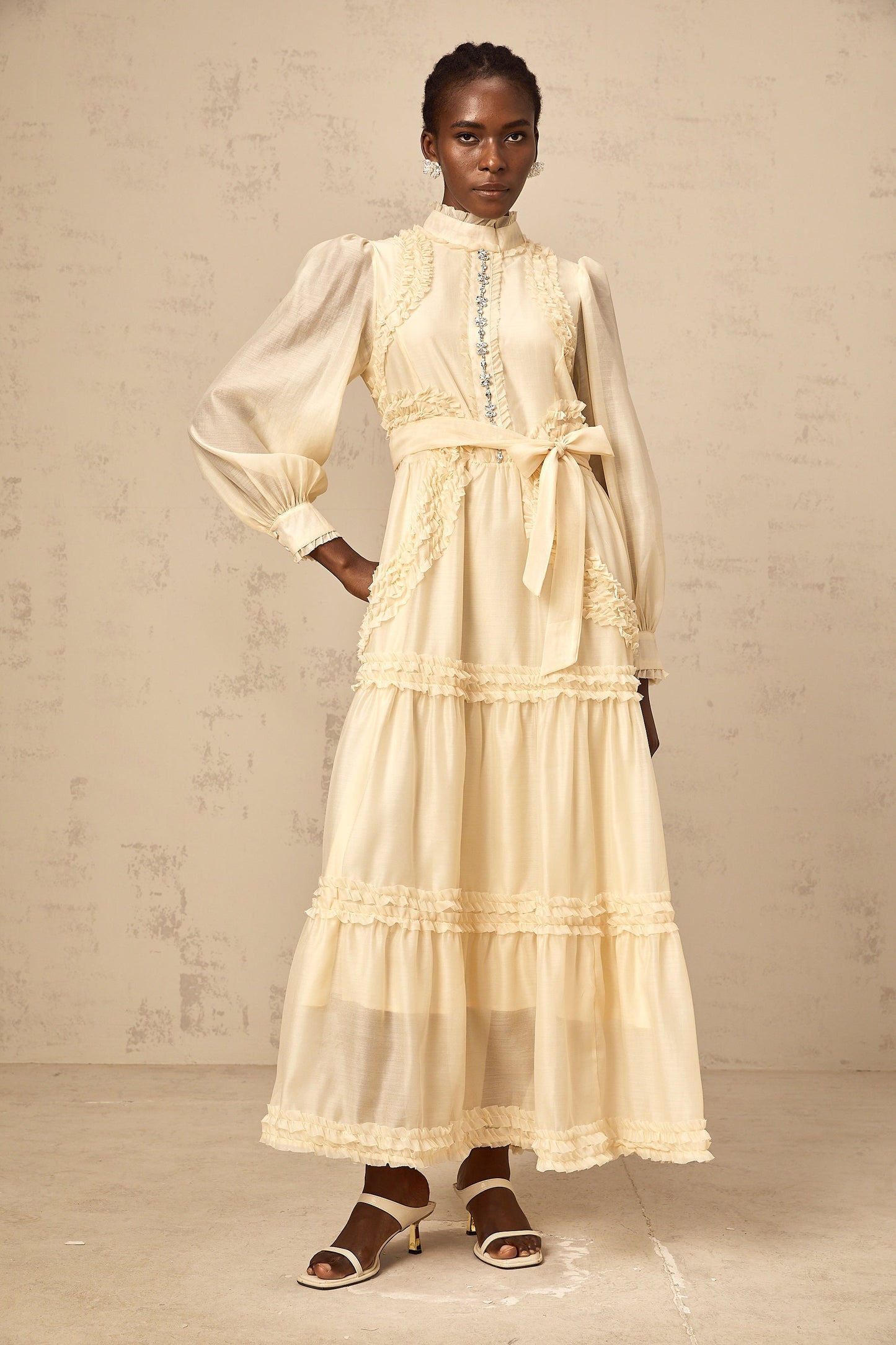 Marceline yellow ruffled-trim tiered midi dress