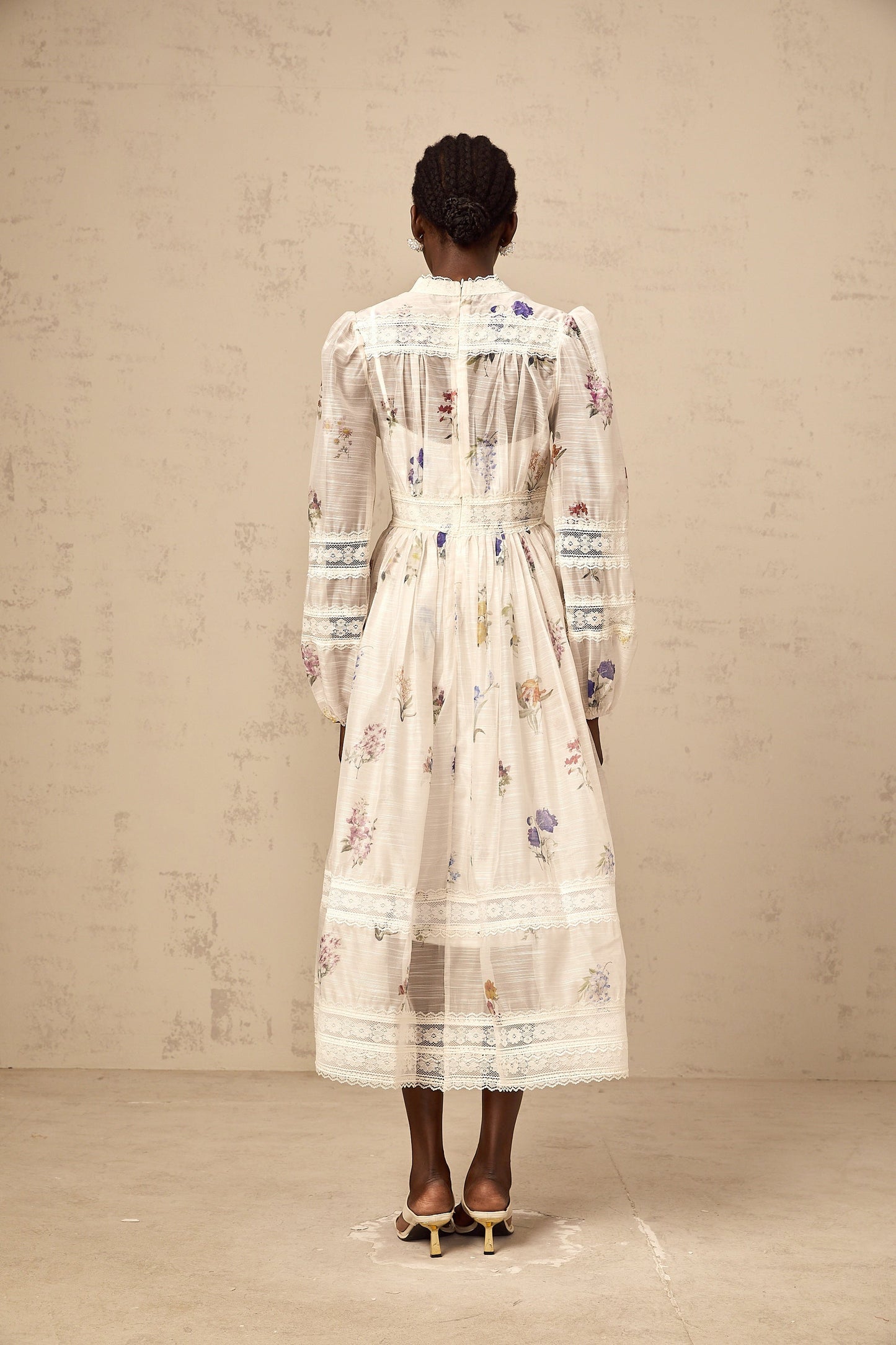 Vivienne white lace-trim floral-print midi dress