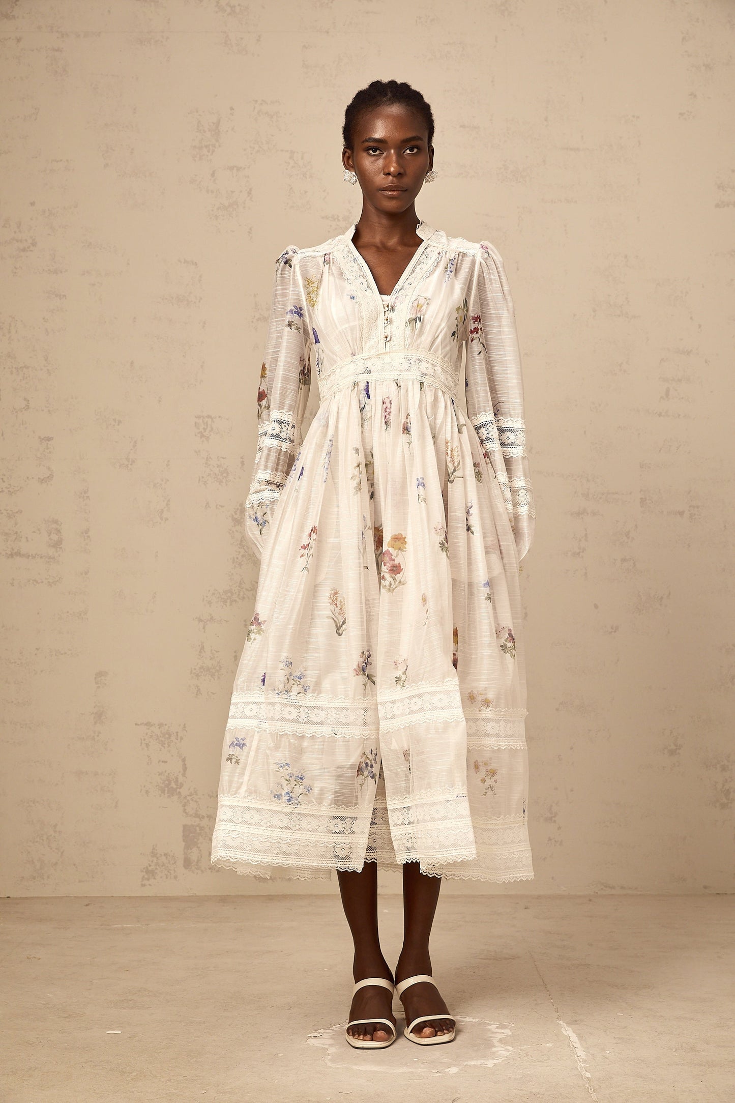 Vivienne white lace-trim floral-print midi dress