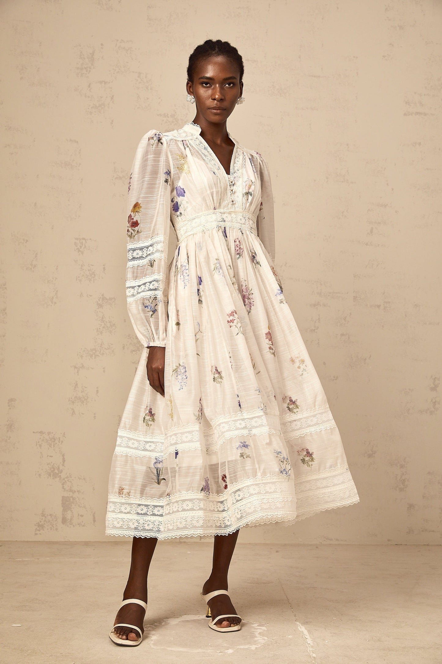 Vivienne white lace-trim floral-print midi dress