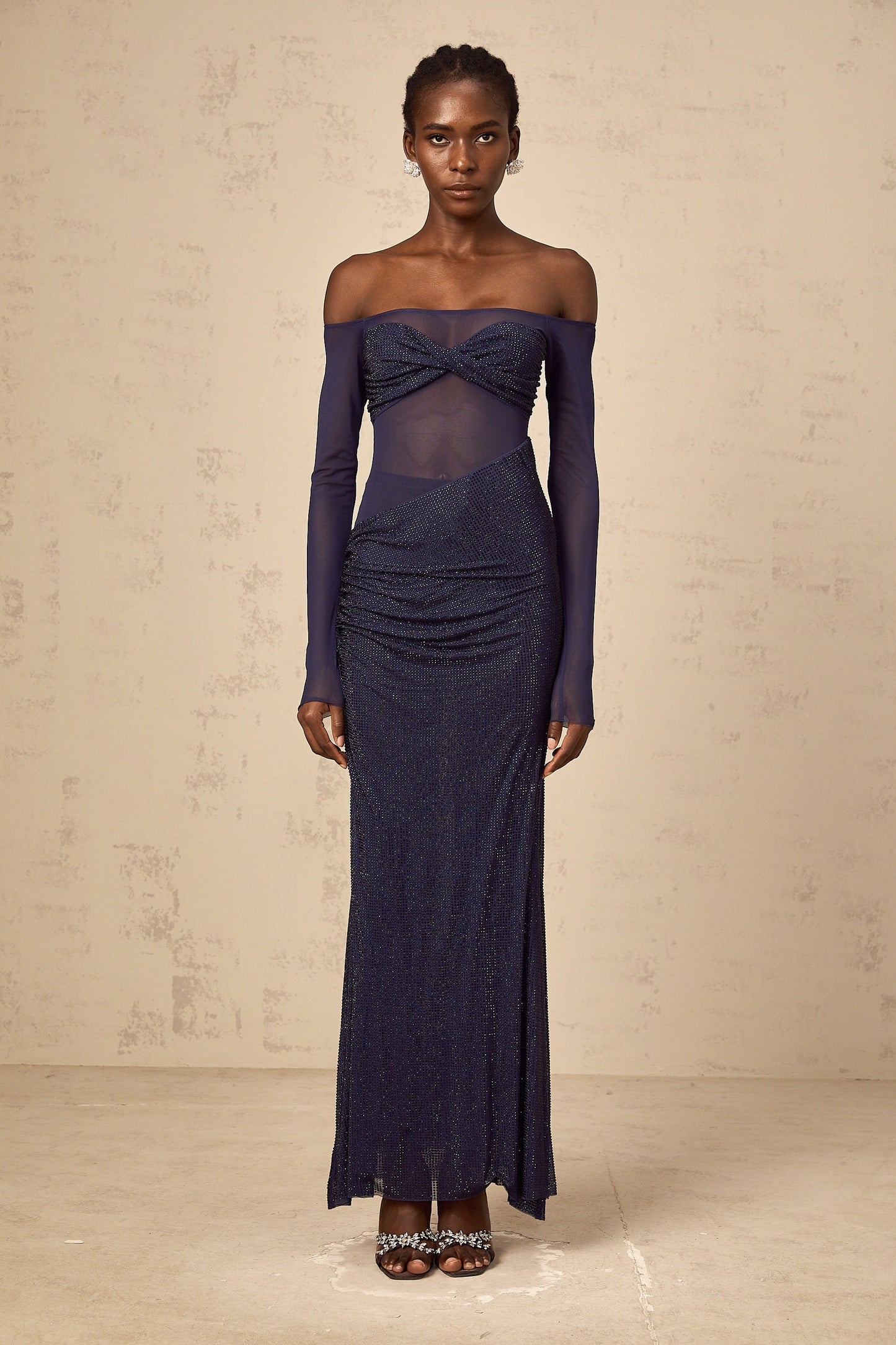 Hermine dark-blue embellished tulle-panel corset maxi dress