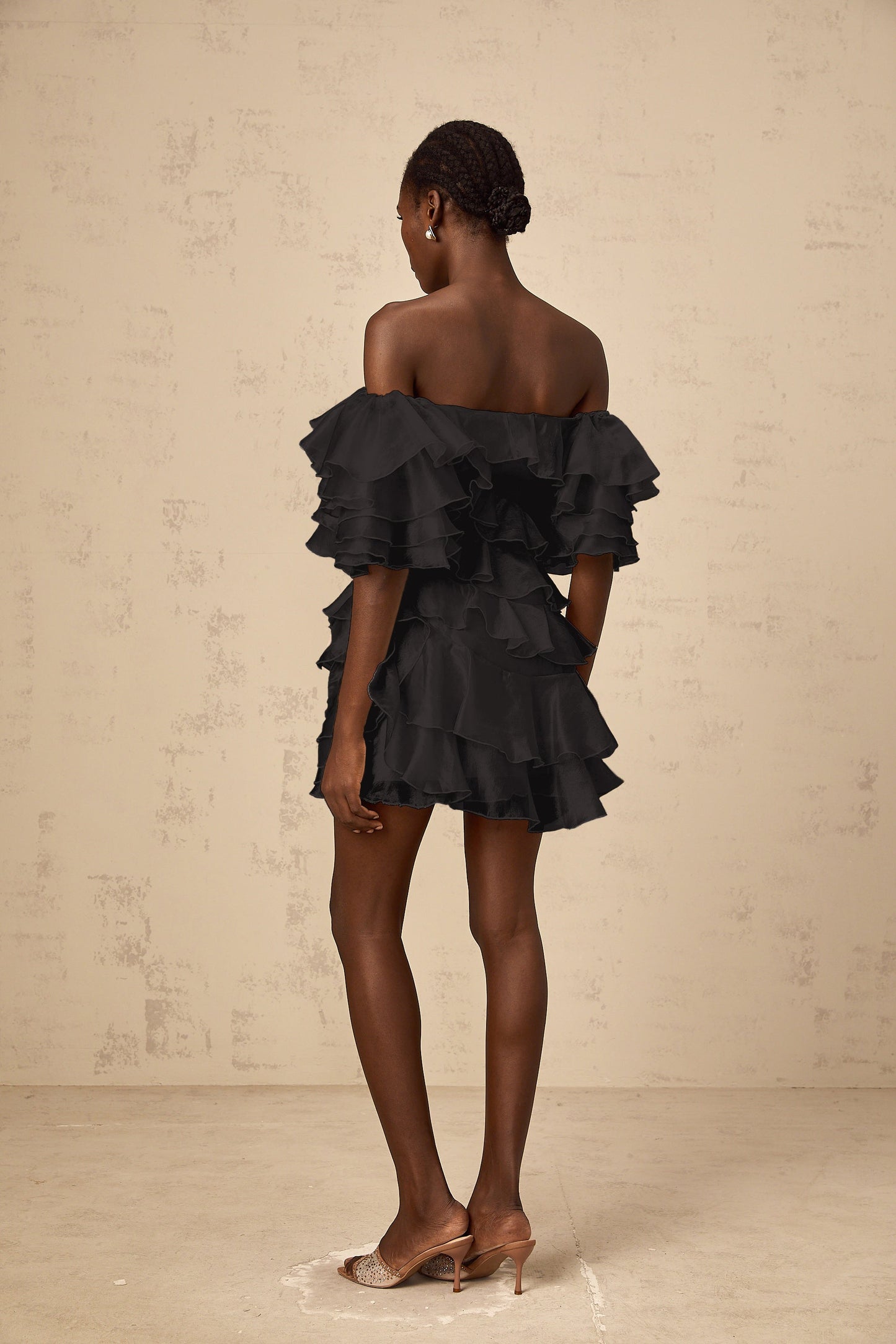 Cerise asymmetric flounce mini dress in Black