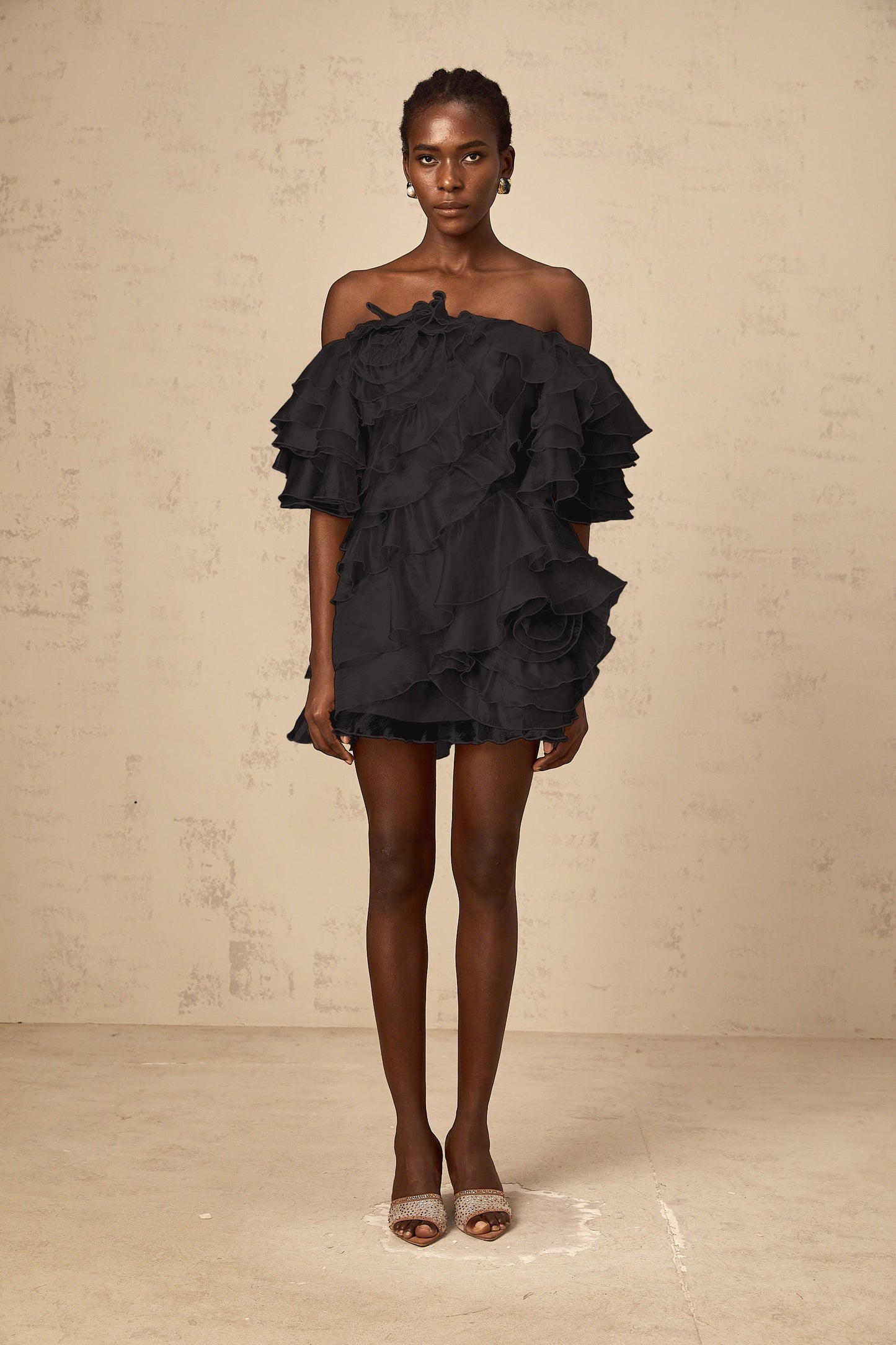 Cerise asymmetric flounce mini dress in Black