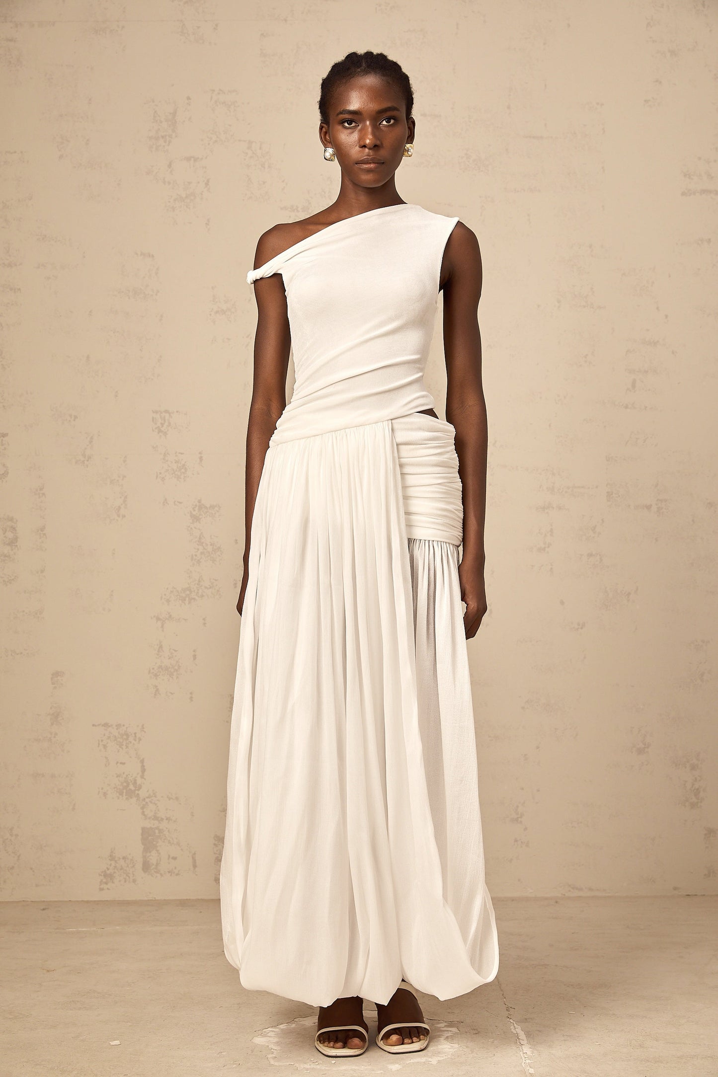 Eugenie white mono-shoulder shirred-panel maxi dress
