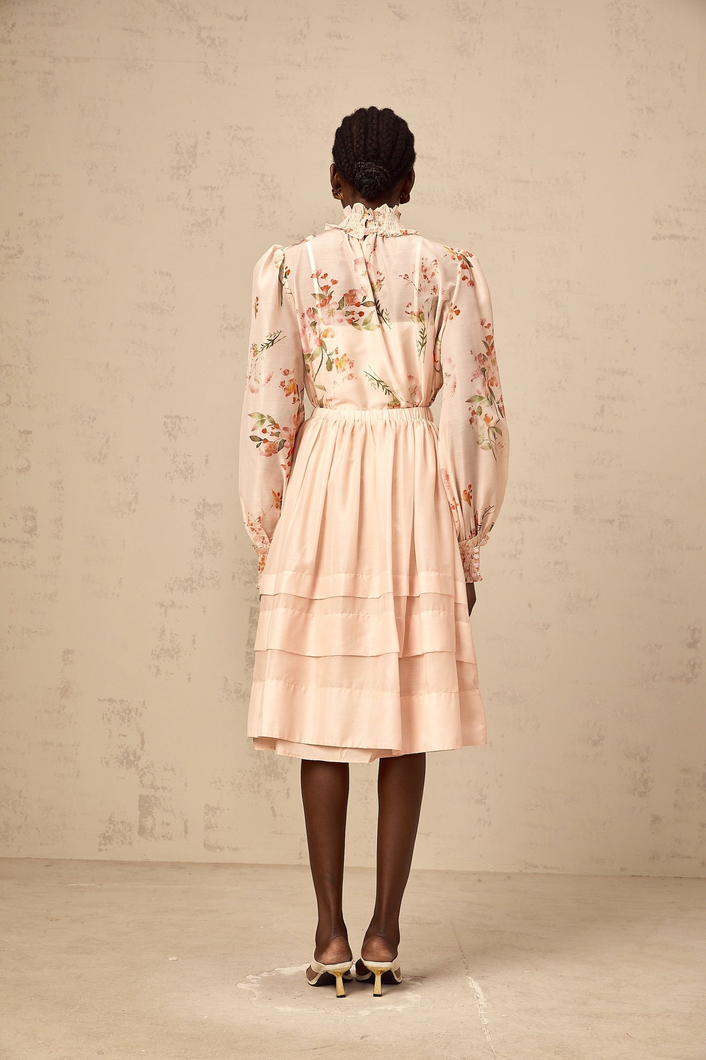 Natacha pink-beige floral-print blouse & skirt matching set