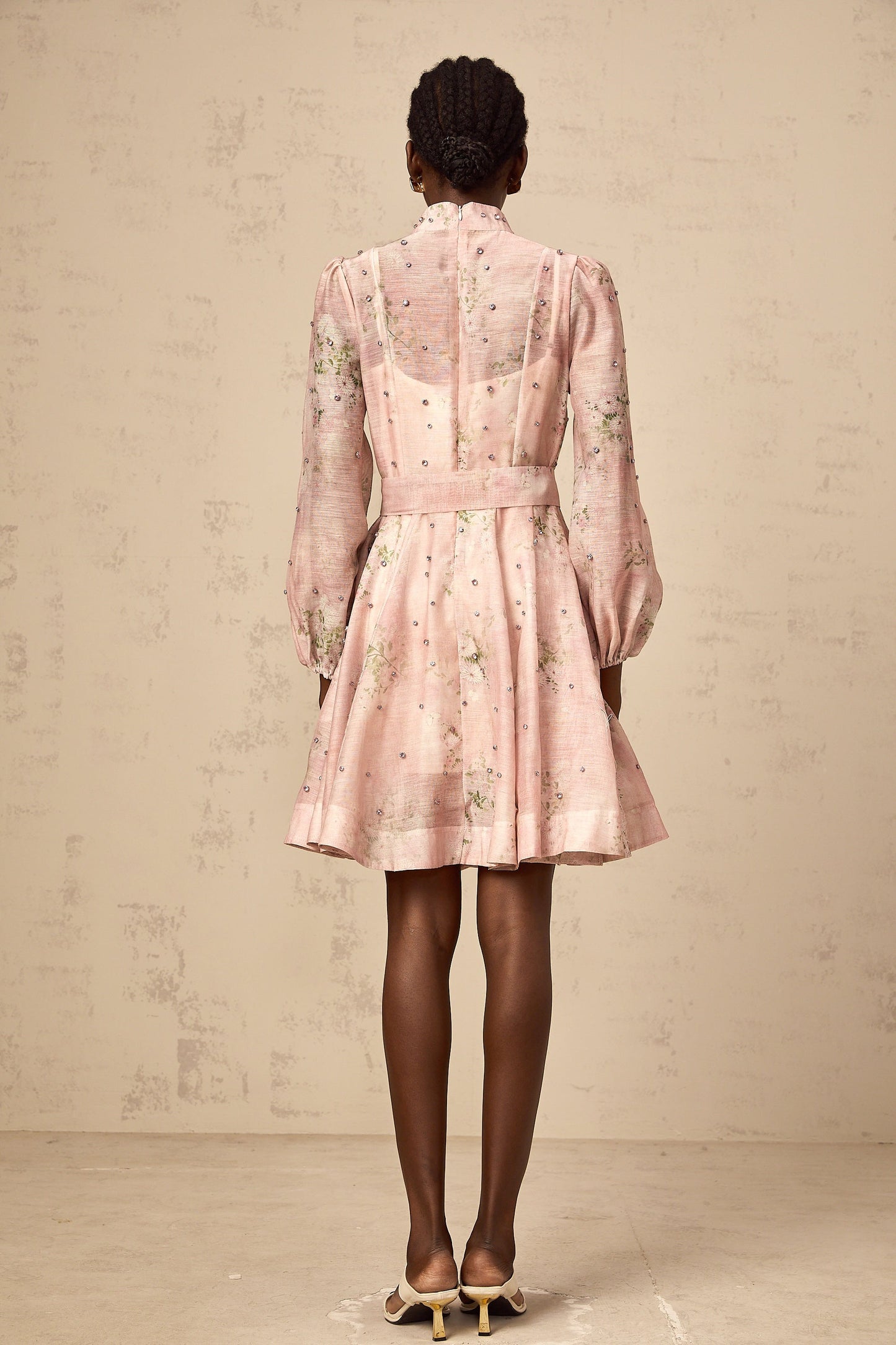 Narcisse pink embellished floral-print mini dress