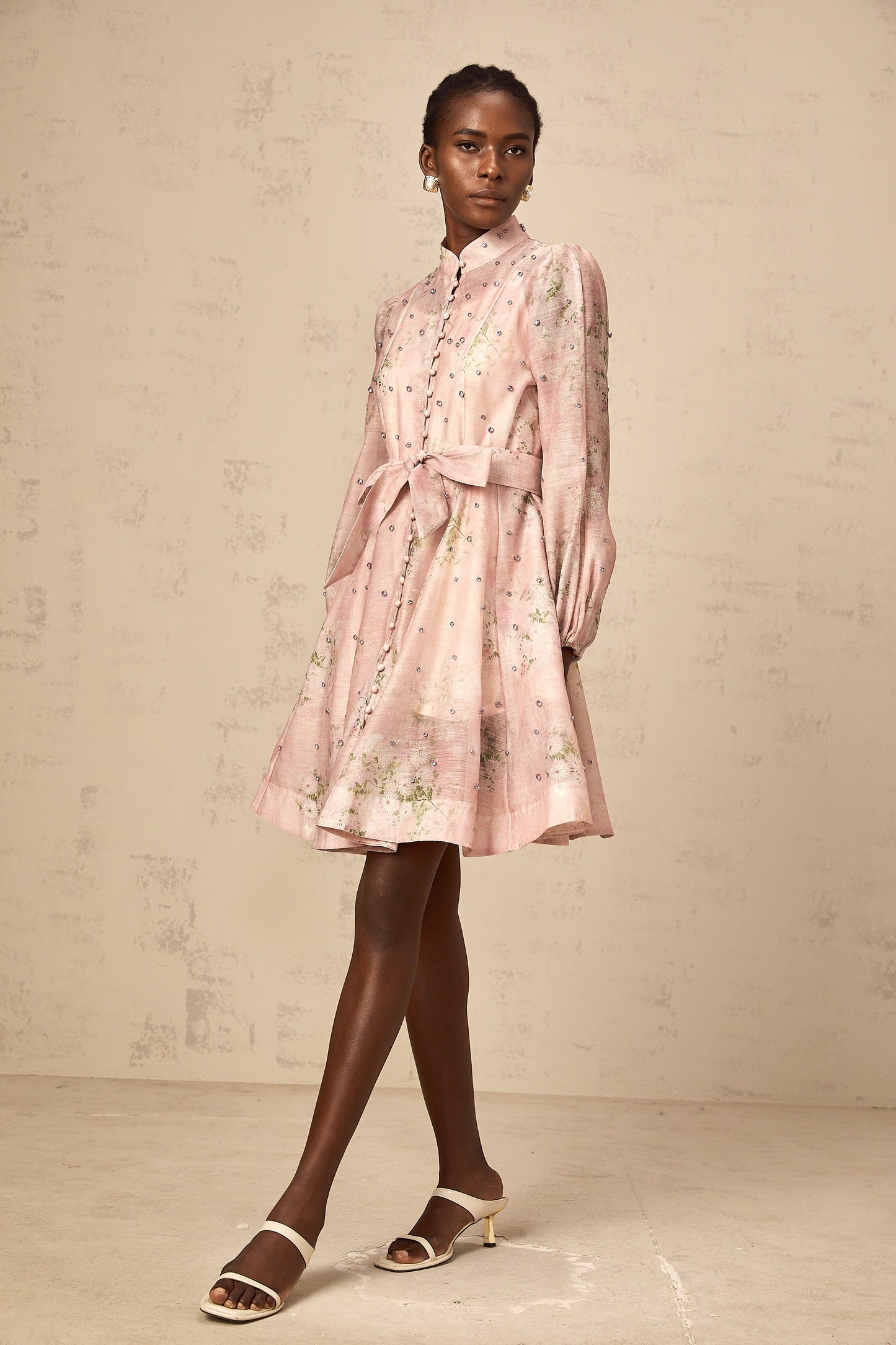 Narcisse pink embellished floral-print mini dress