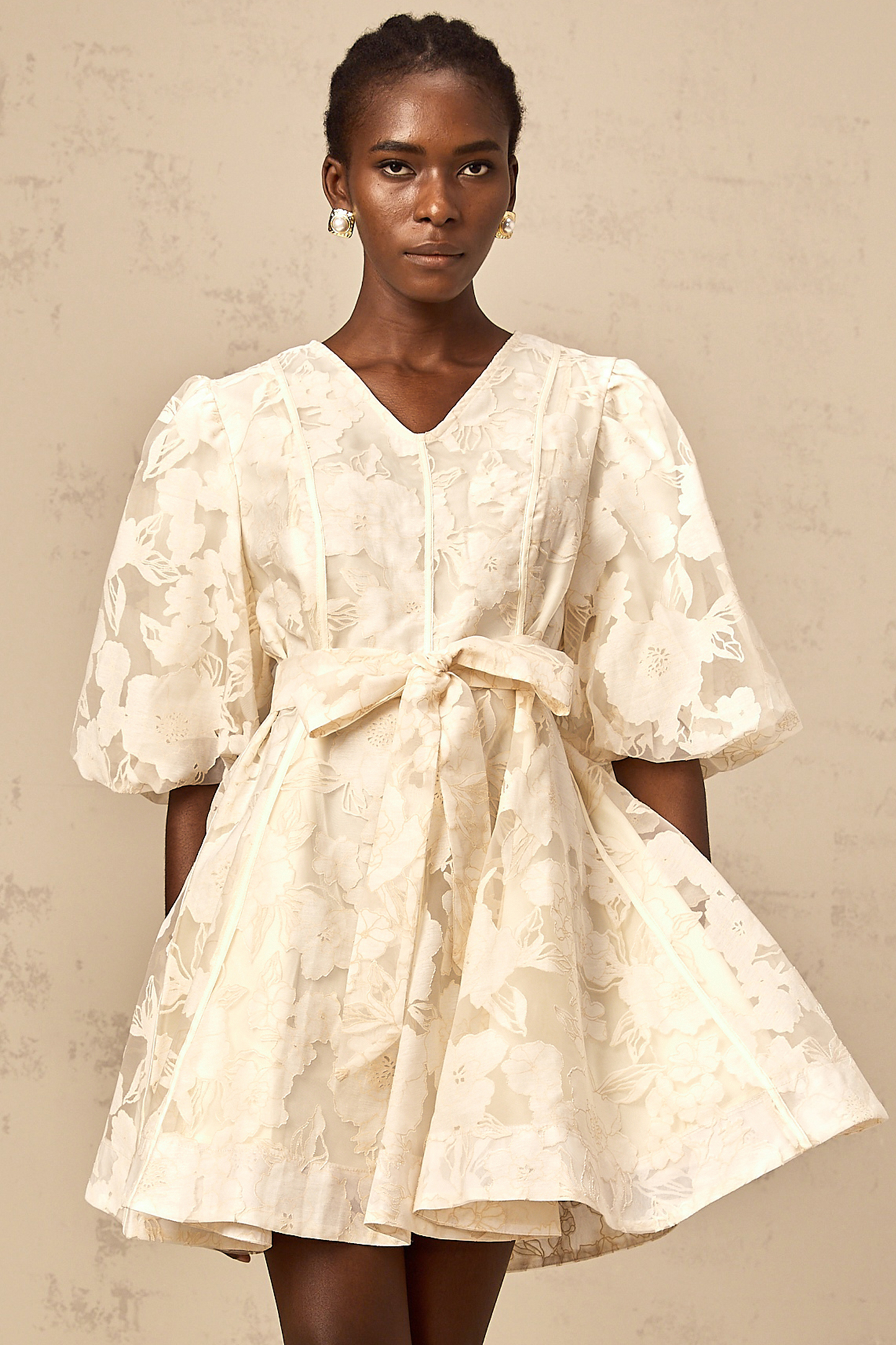 Osanne neutrals floral-jacquard flared mini dress