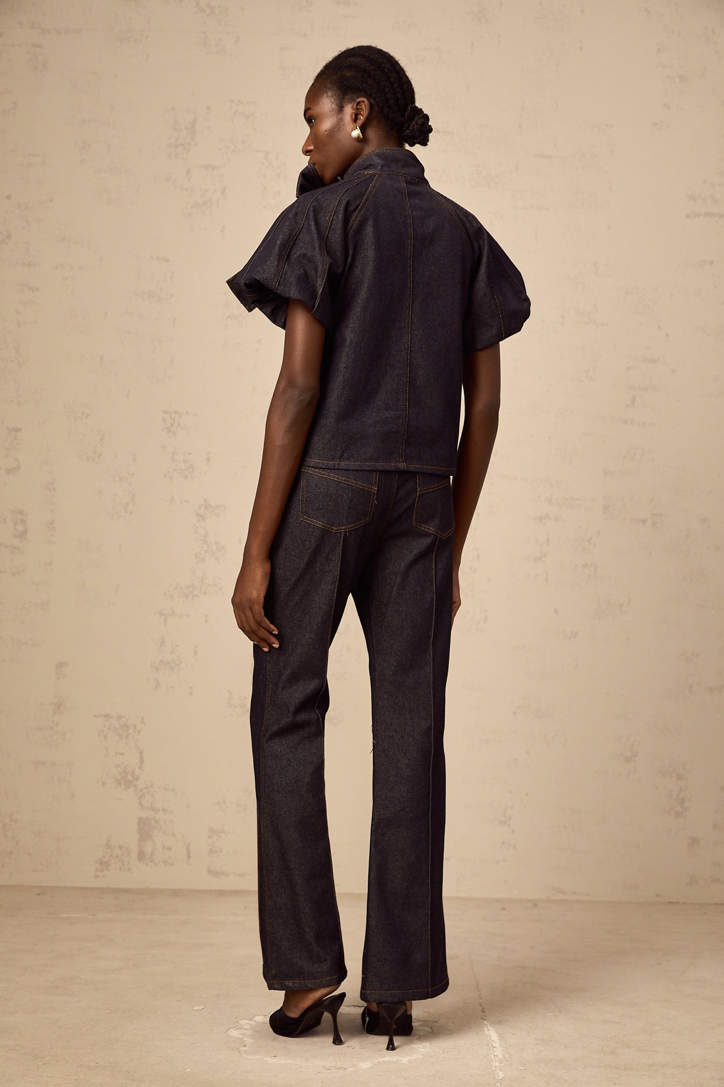 Roxane indigo-blue contrast-stitching denim blouse & jeans matching set