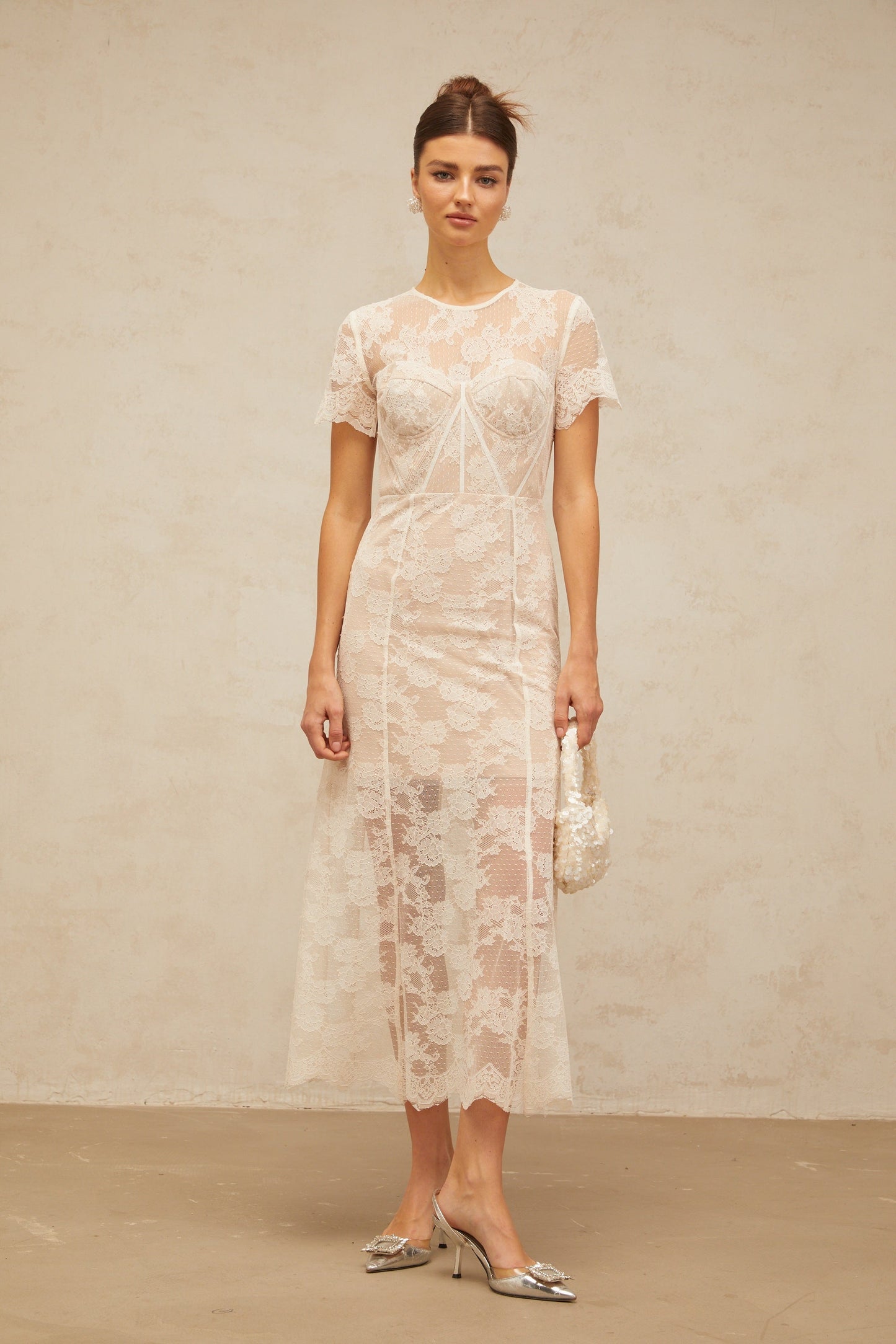 Célia floral-lace midi dress in White