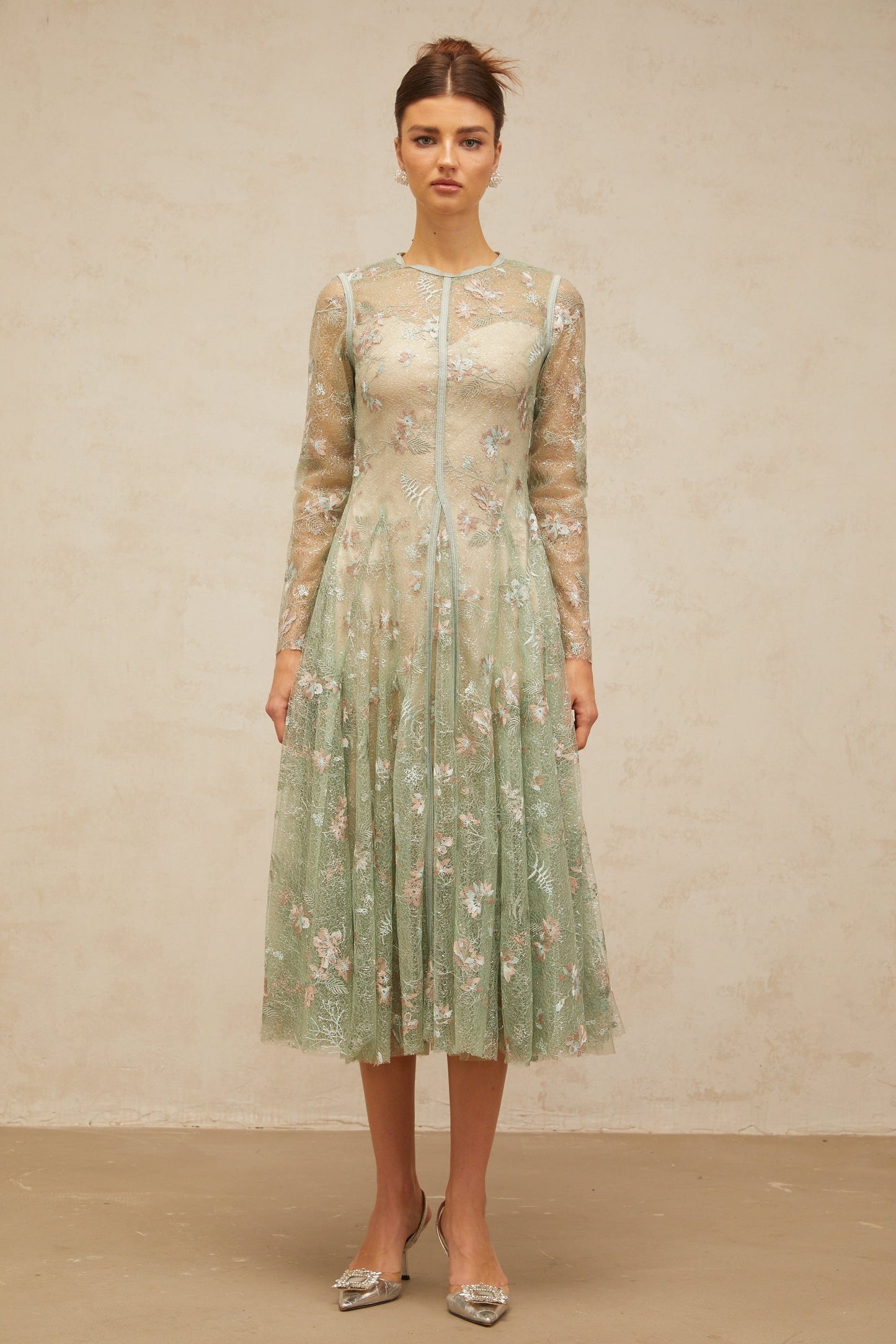 Philomène green flower-embroidery pleated midi dress