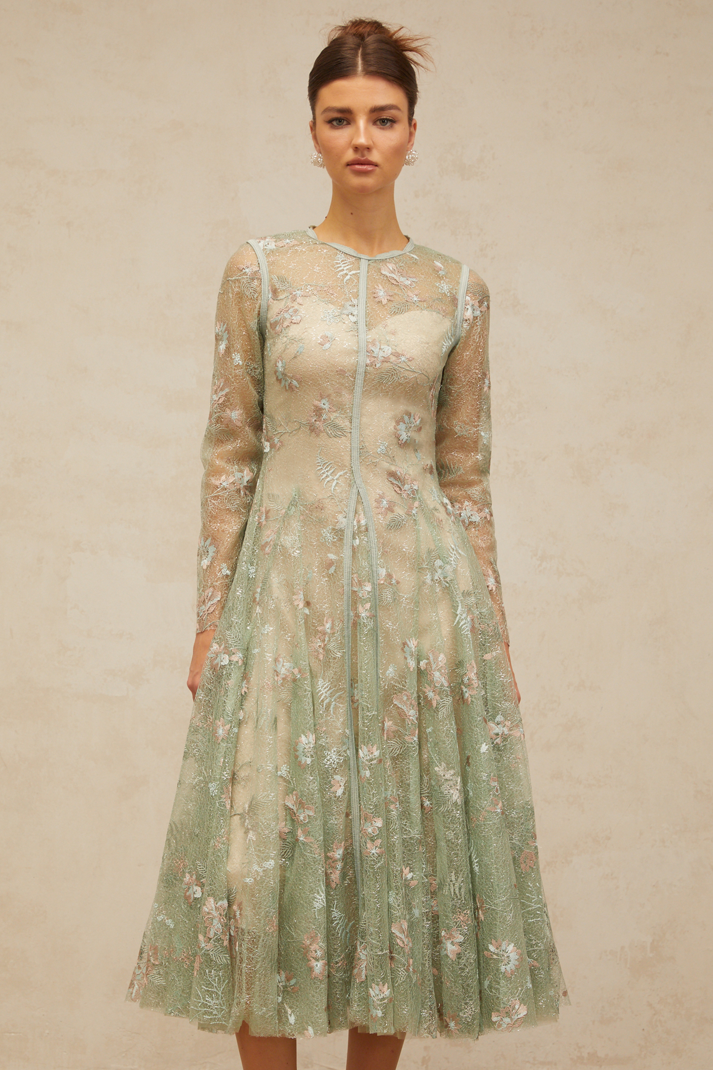 Philomène green flower-embroidery pleated midi dress