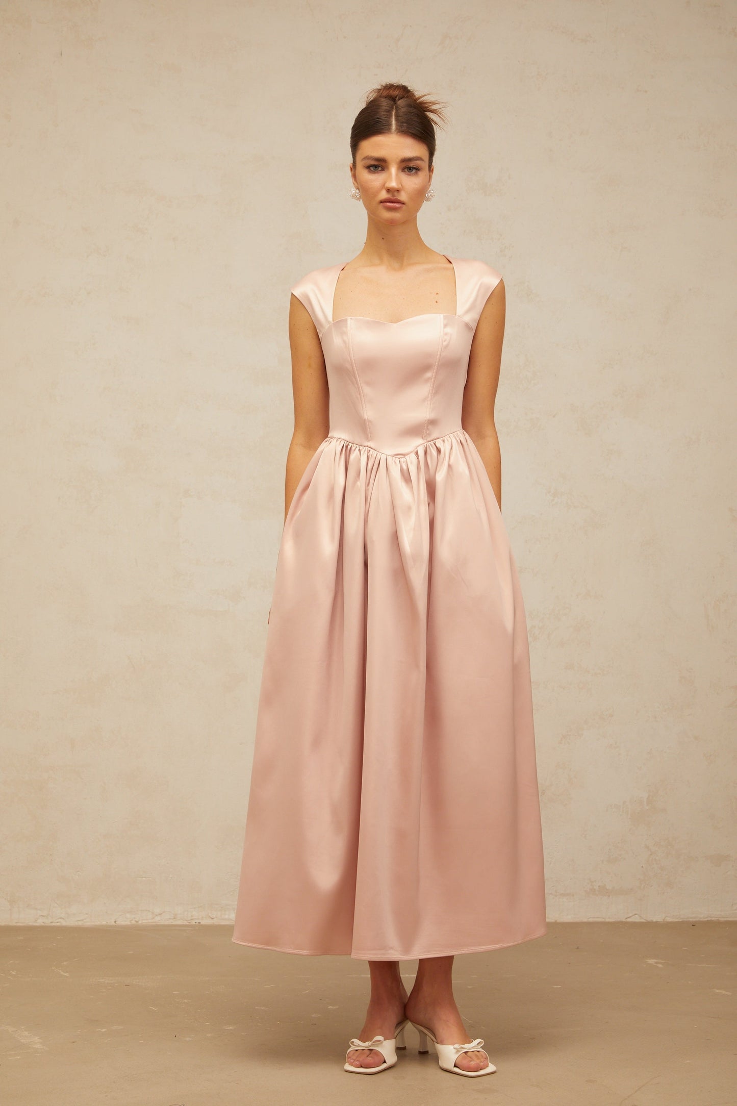 Madeleine pink A-line satin midi dress
