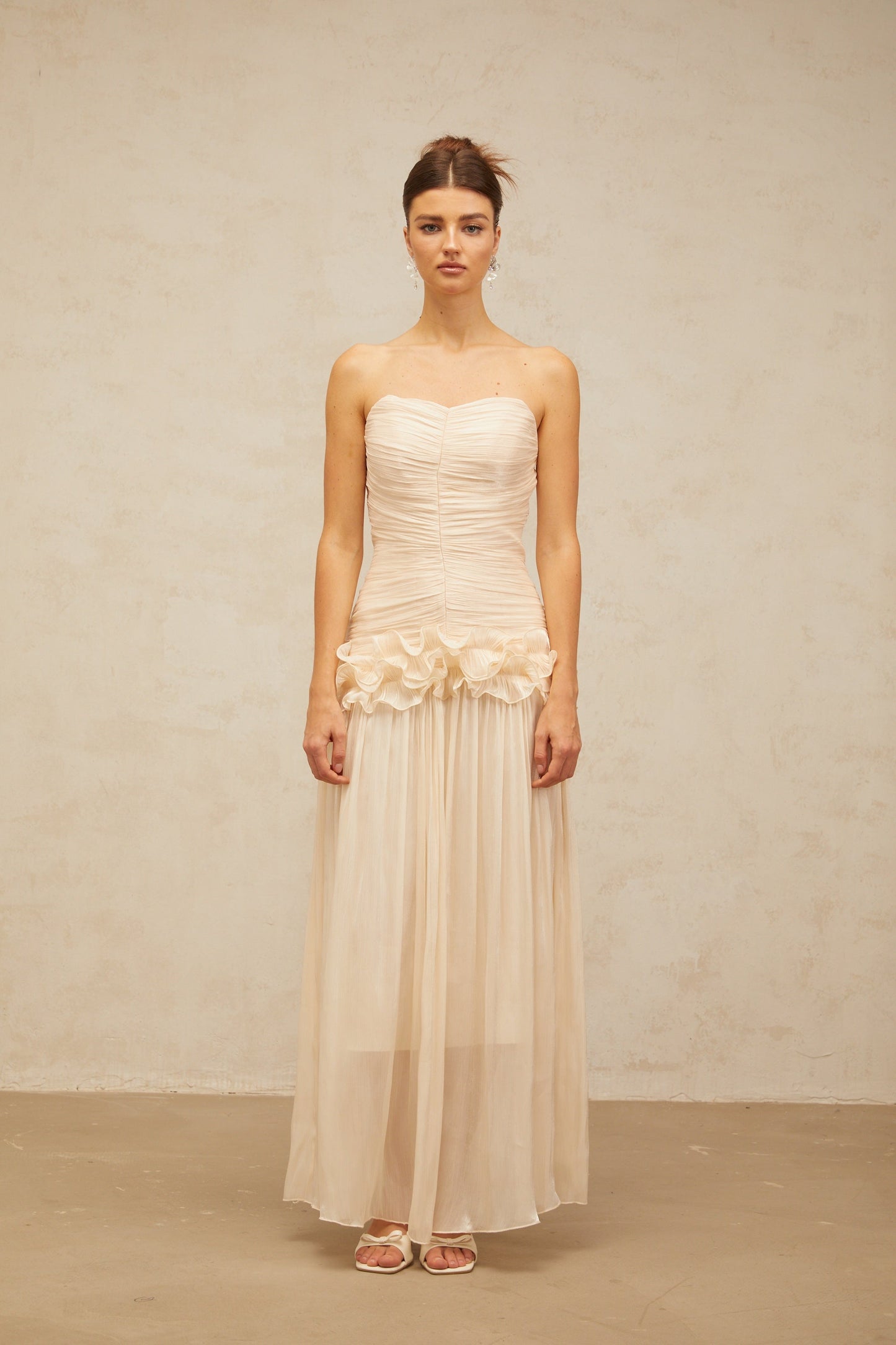 Céleste neutrals ruffled pleated maxi dress