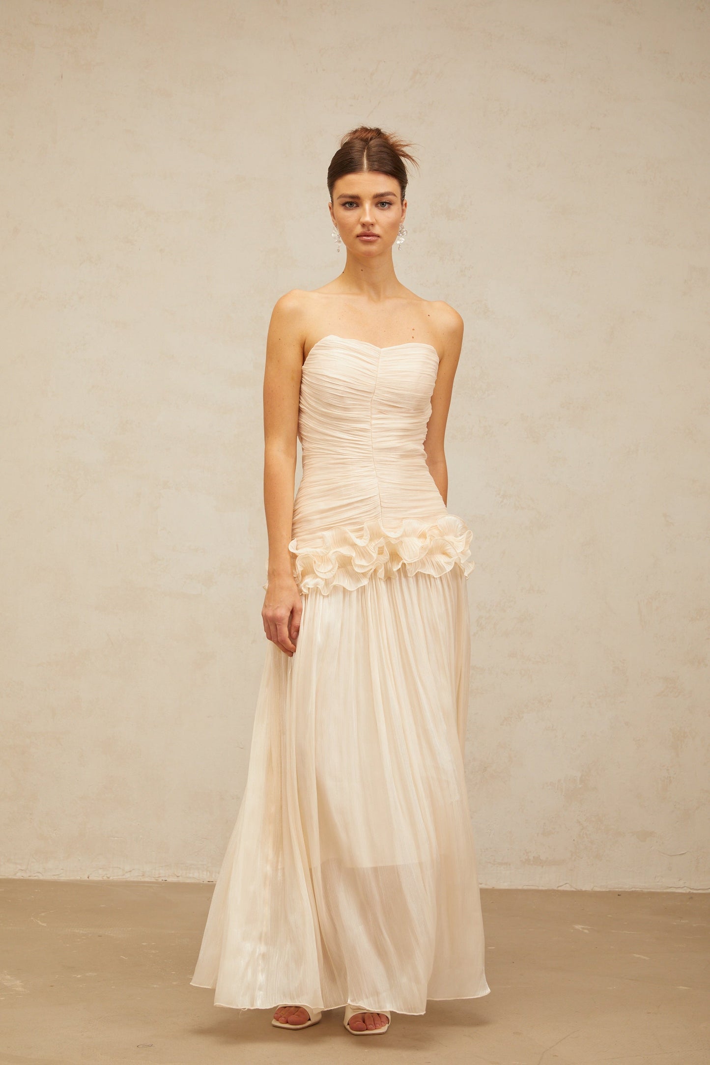 Céleste neutrals ruffled pleated maxi dress