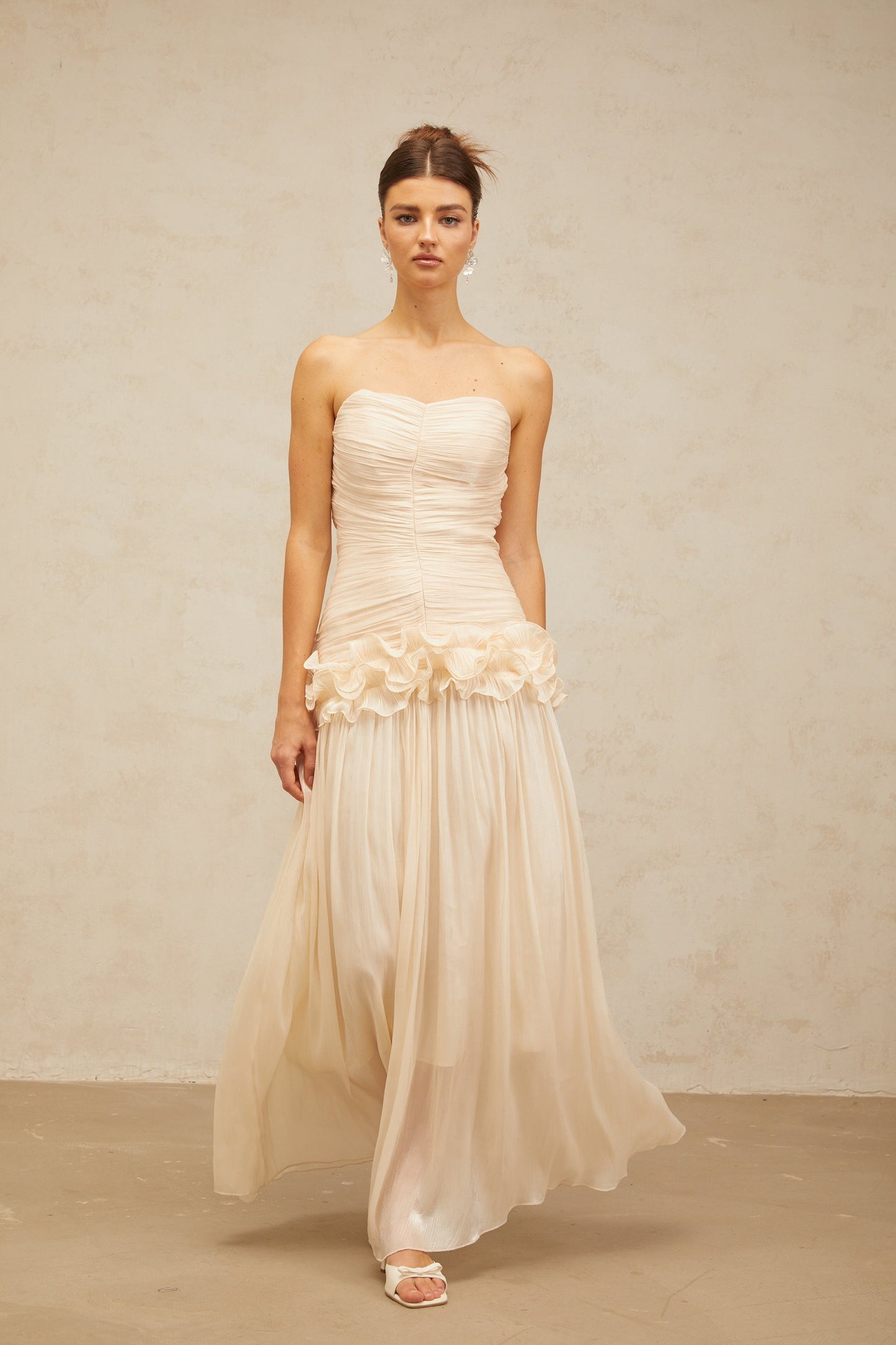 Céleste neutrals ruffled pleated maxi dress