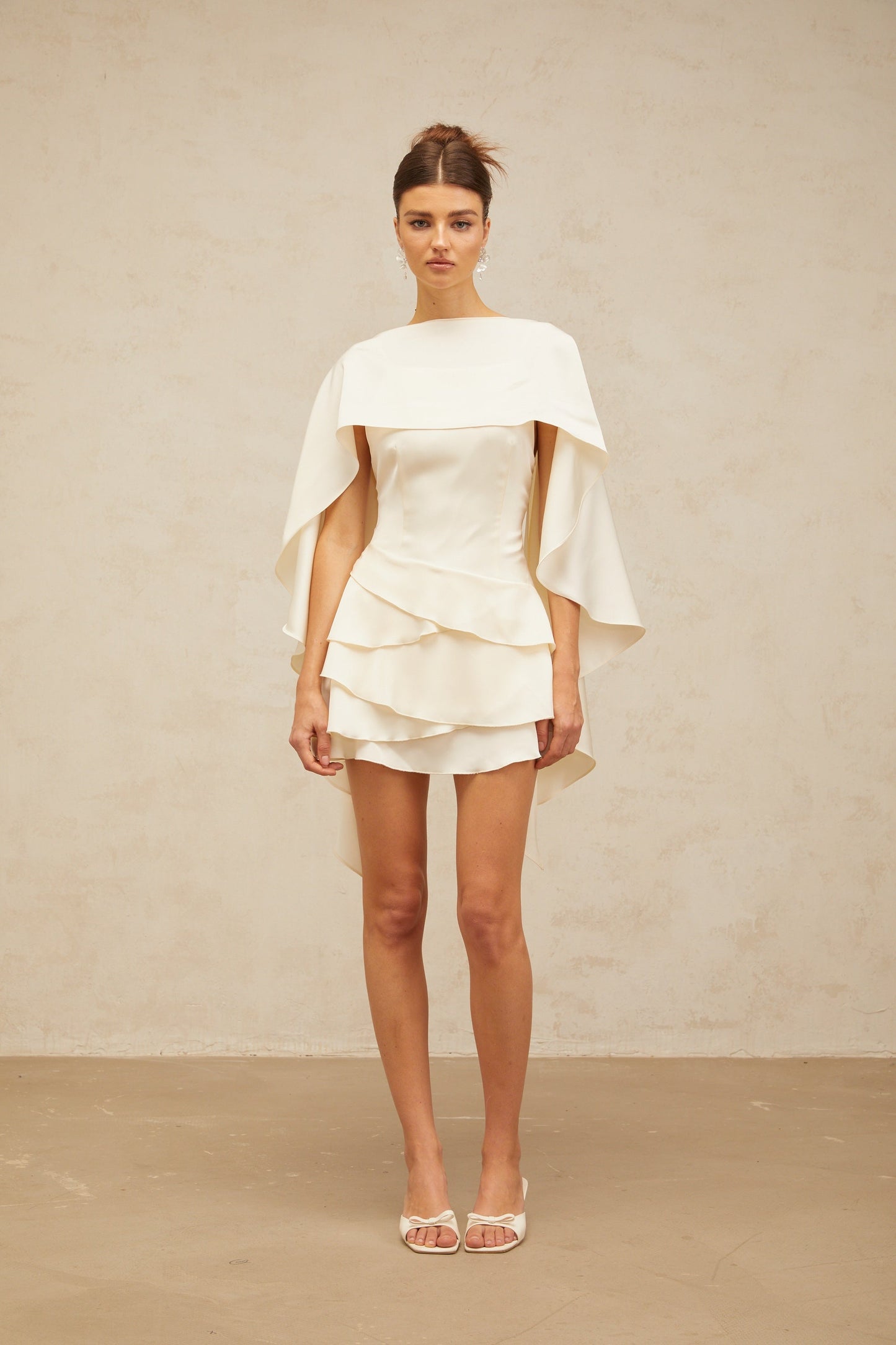 Lyna white shawl-panel ruffled satin mini dress