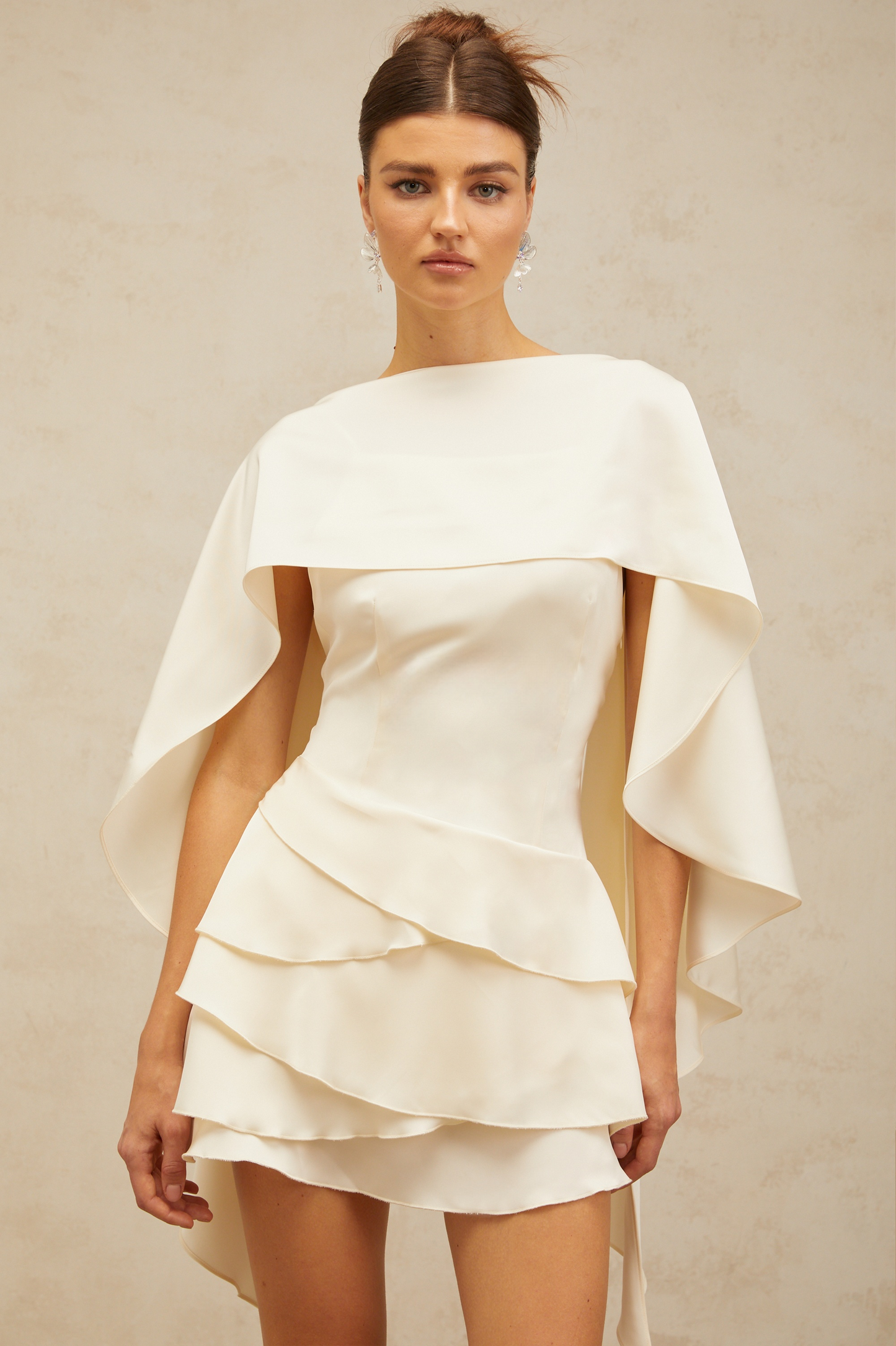 Lyna white shawl-panel ruffled satin mini dress