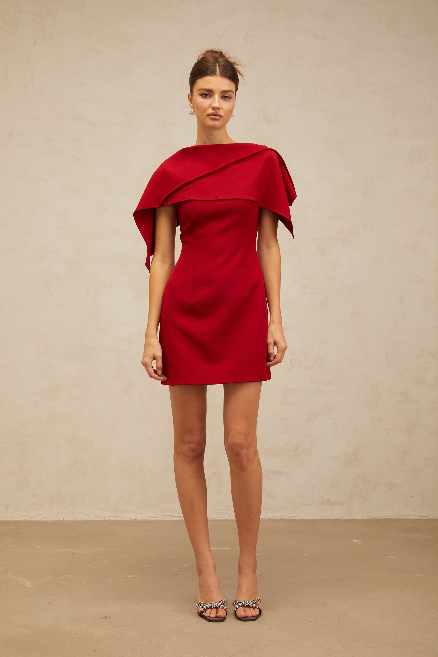 Constance wine-red cape-design A-line mini dress