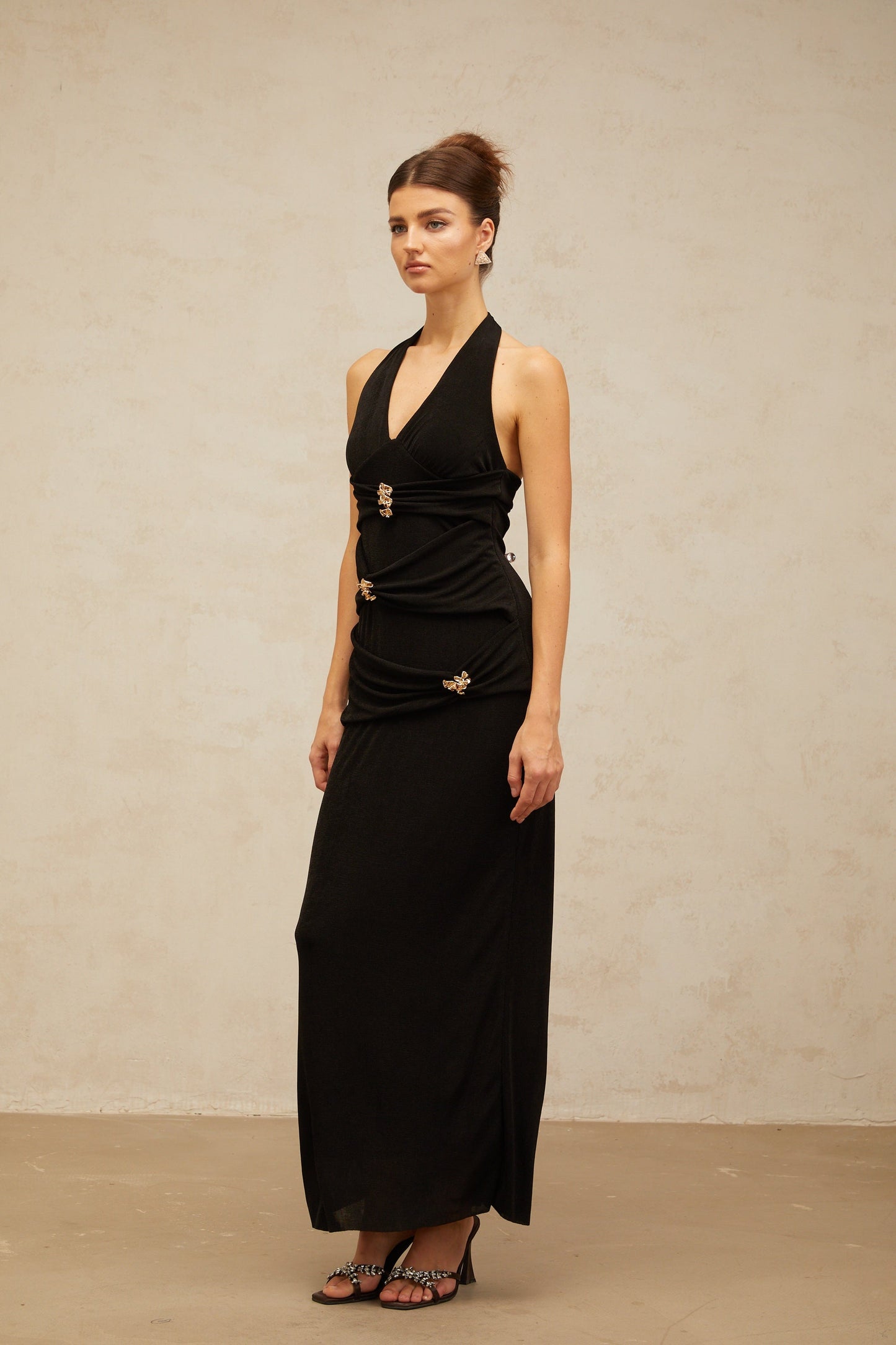 Bruyère black ruched halterneck maxi dress