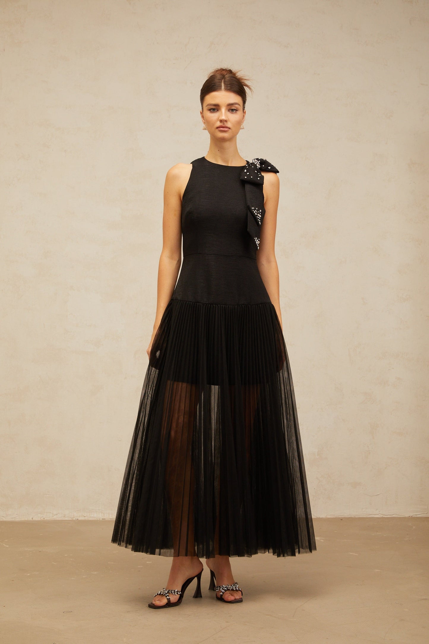 Thérèse bowknot tulle-panelling midi dress in Black