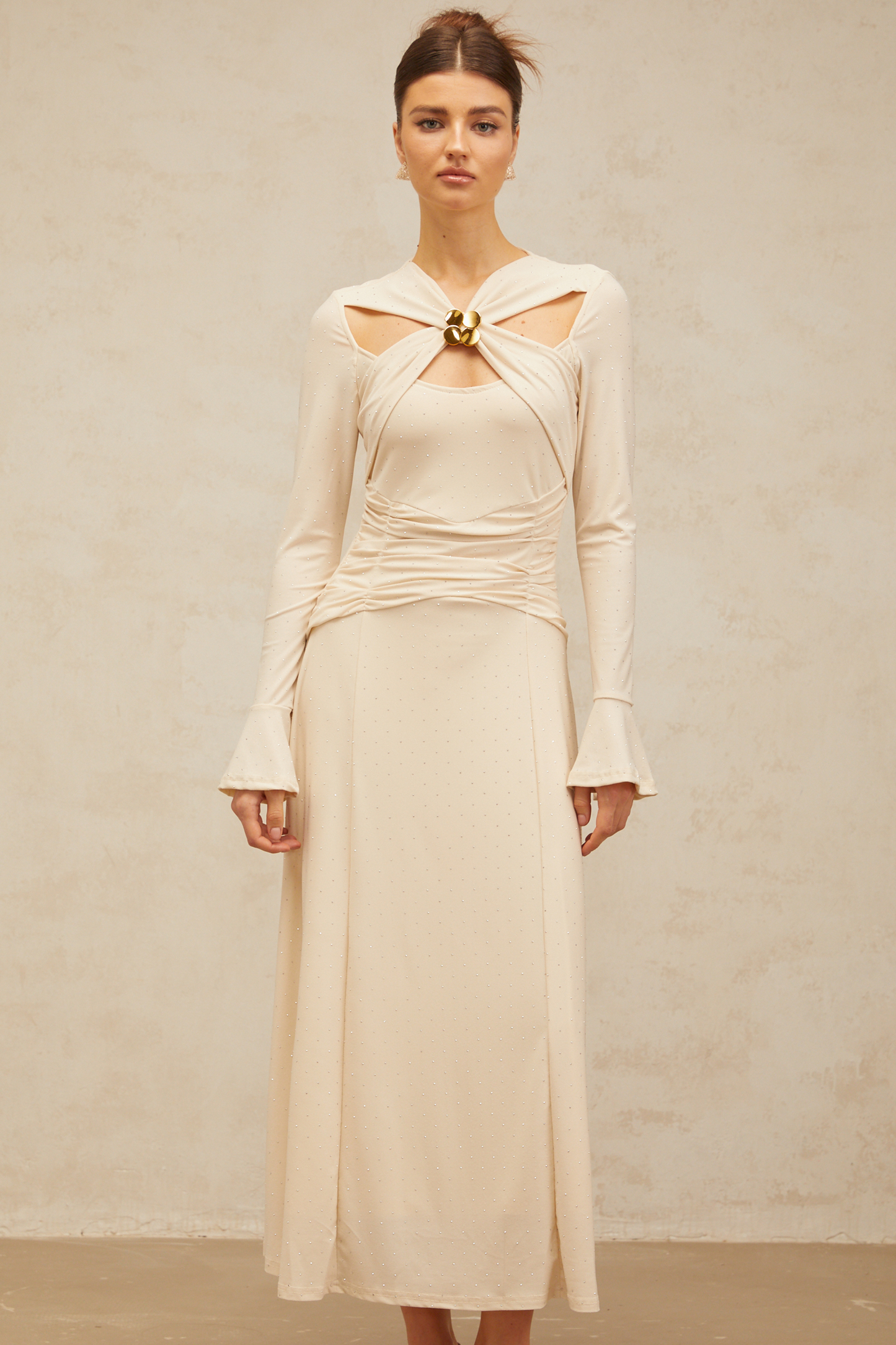 Capucine neutrals cross-over embellished midi dress