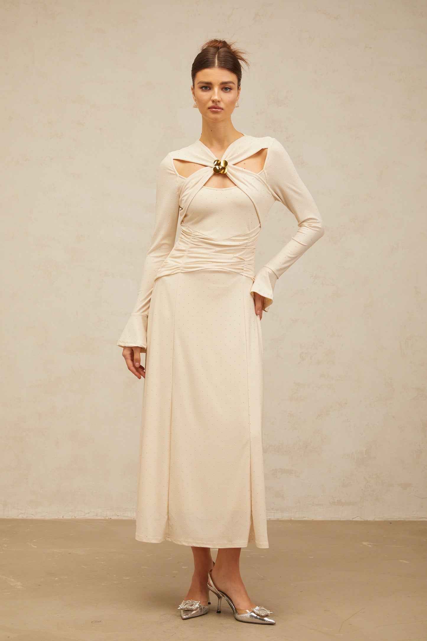 Capucine neutrals cross-over embellished midi dress
