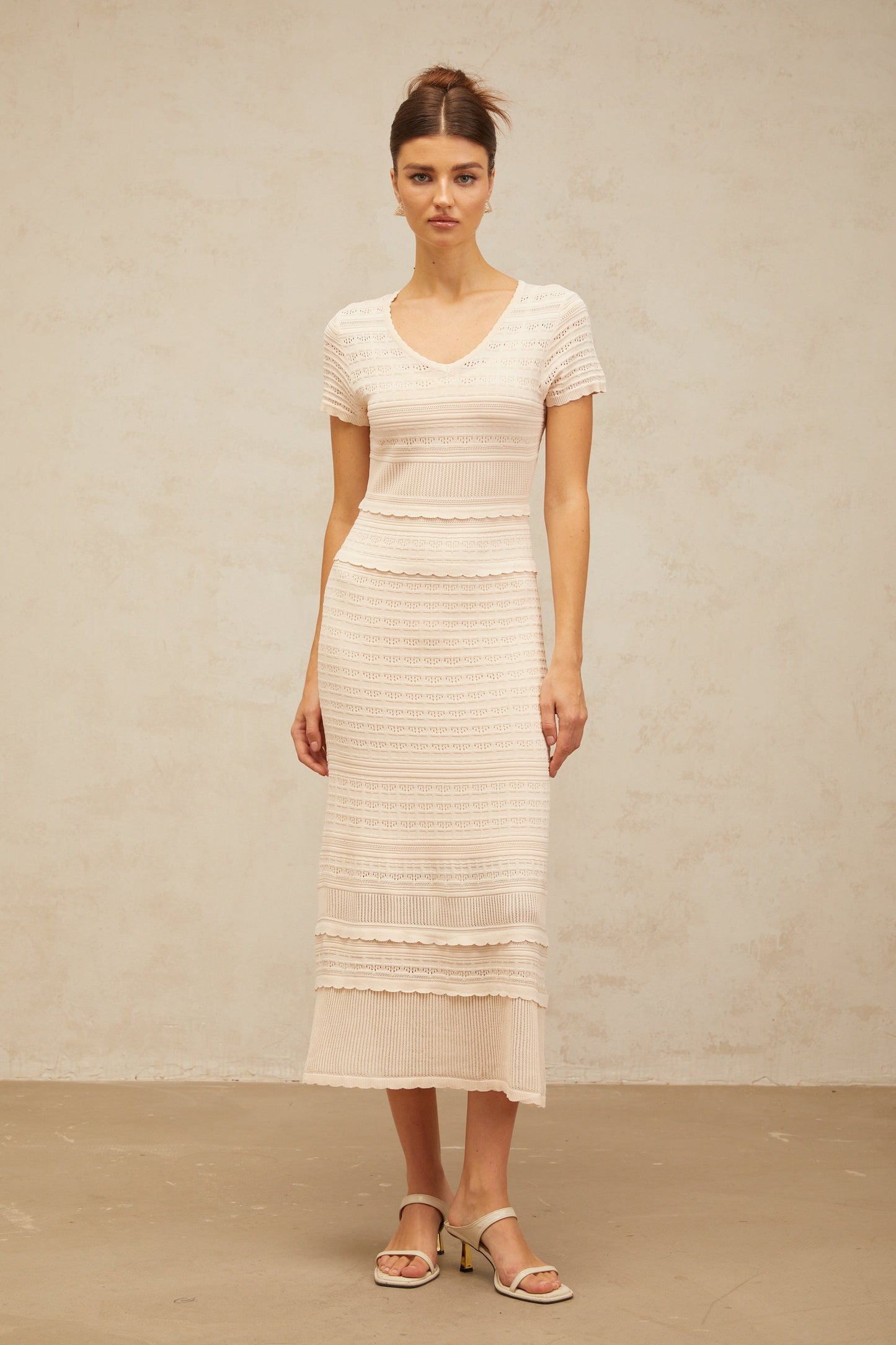 Sophie neutrals ruffled-trim crochet-knit midi dress