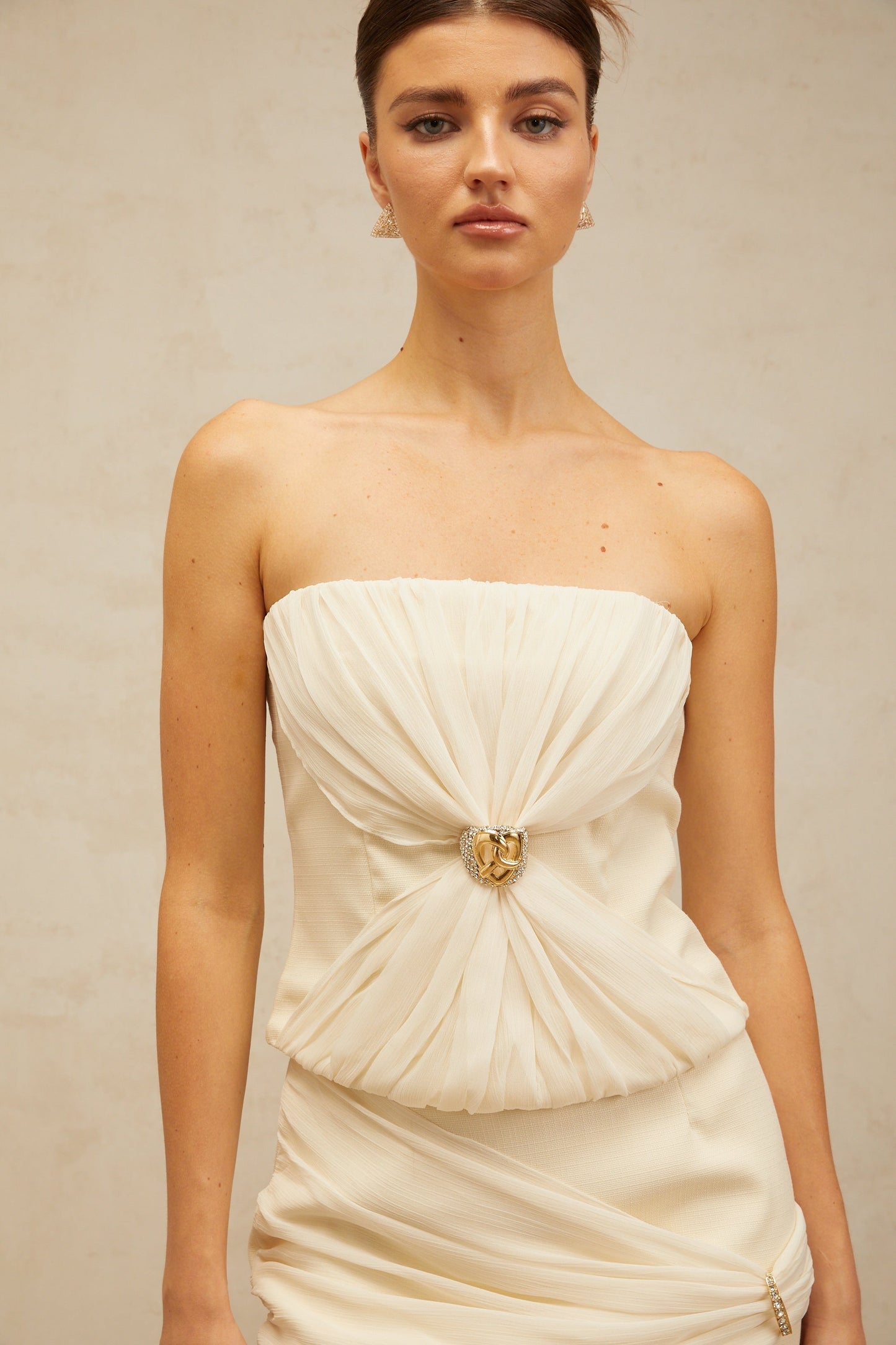 Énora off-white embellished ruched top & skirt matching set