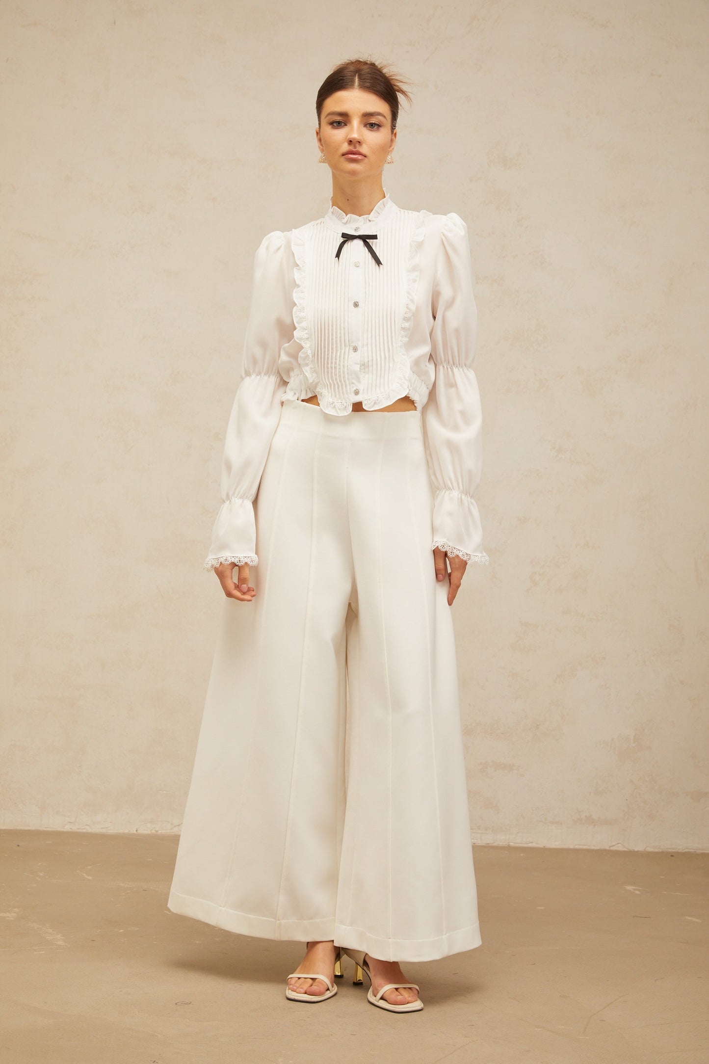 Paulette white bowknot shirred-panel ruffled shirt