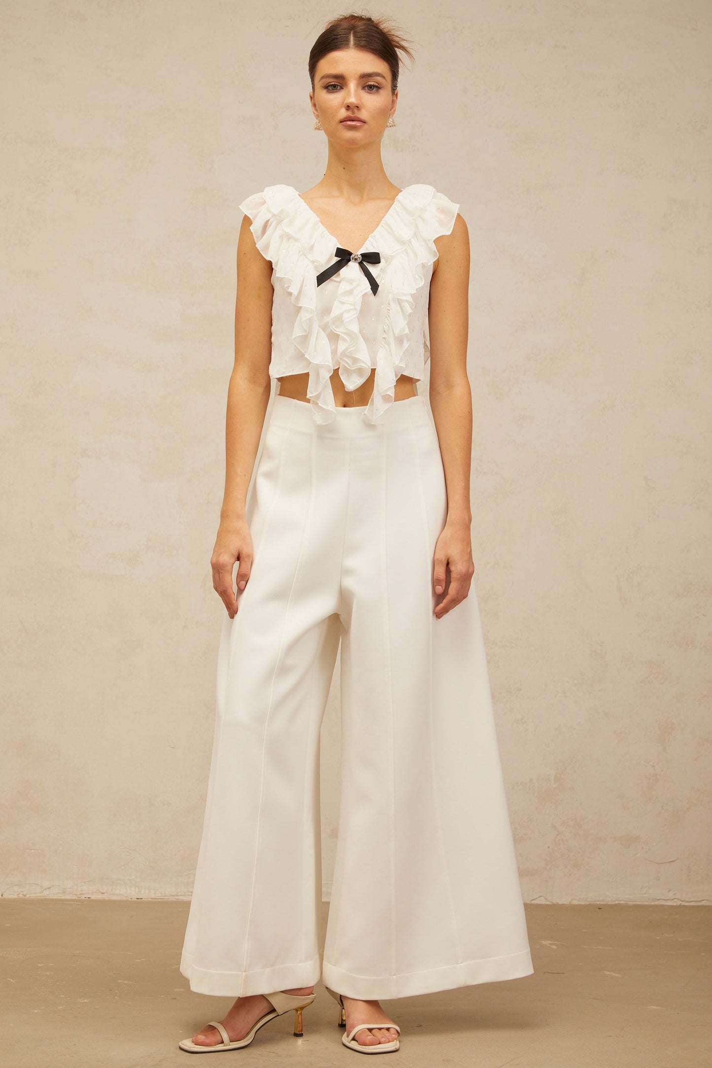 Félicie white bowknot ruffled chiffon cropped top
