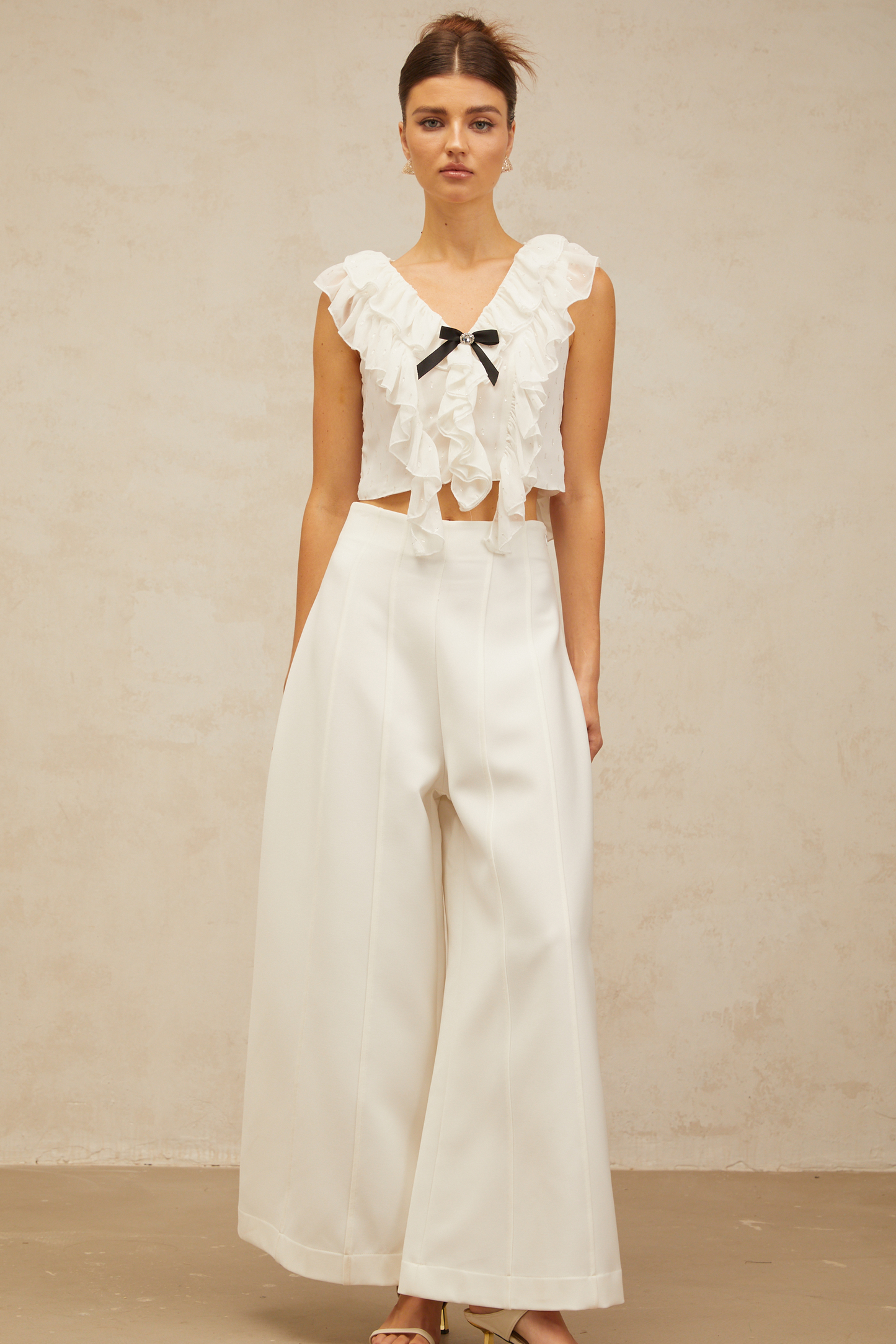 Félicie white bowknot ruffled chiffon cropped top