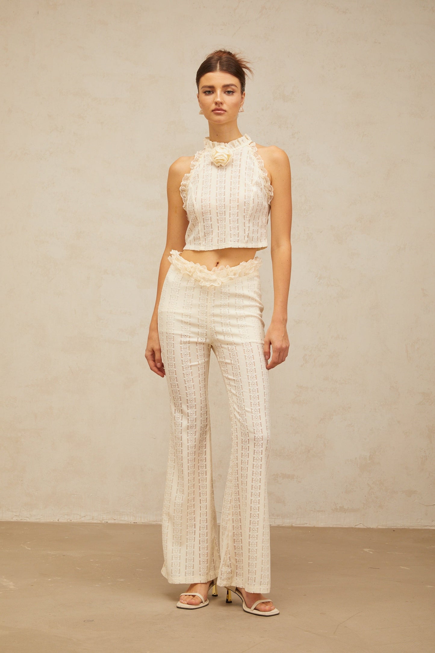 Magali cream-white ruffled-lace-trim jacquard top & trousers matching set