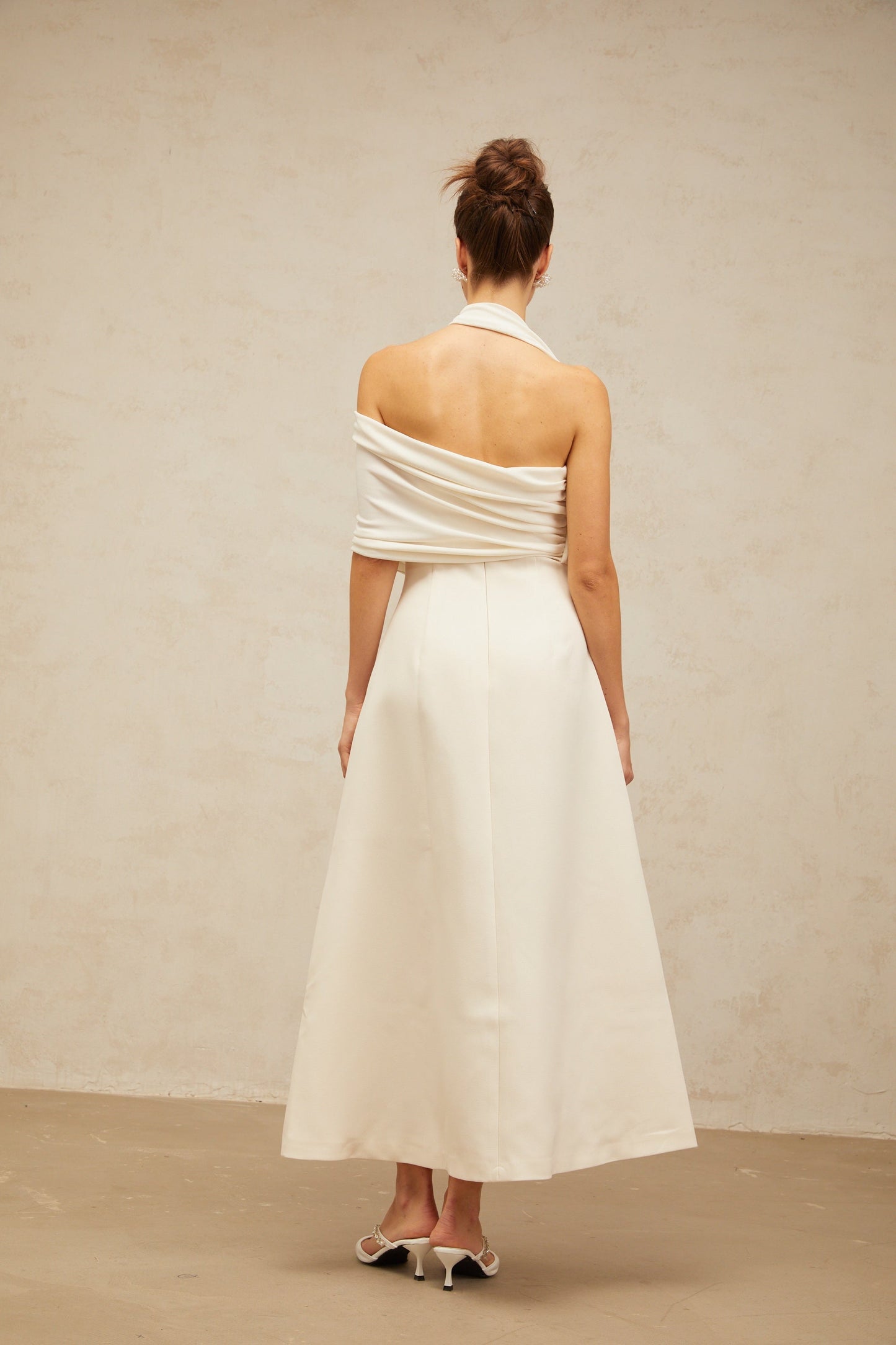 Solène cream-white asymmetric midi dress
