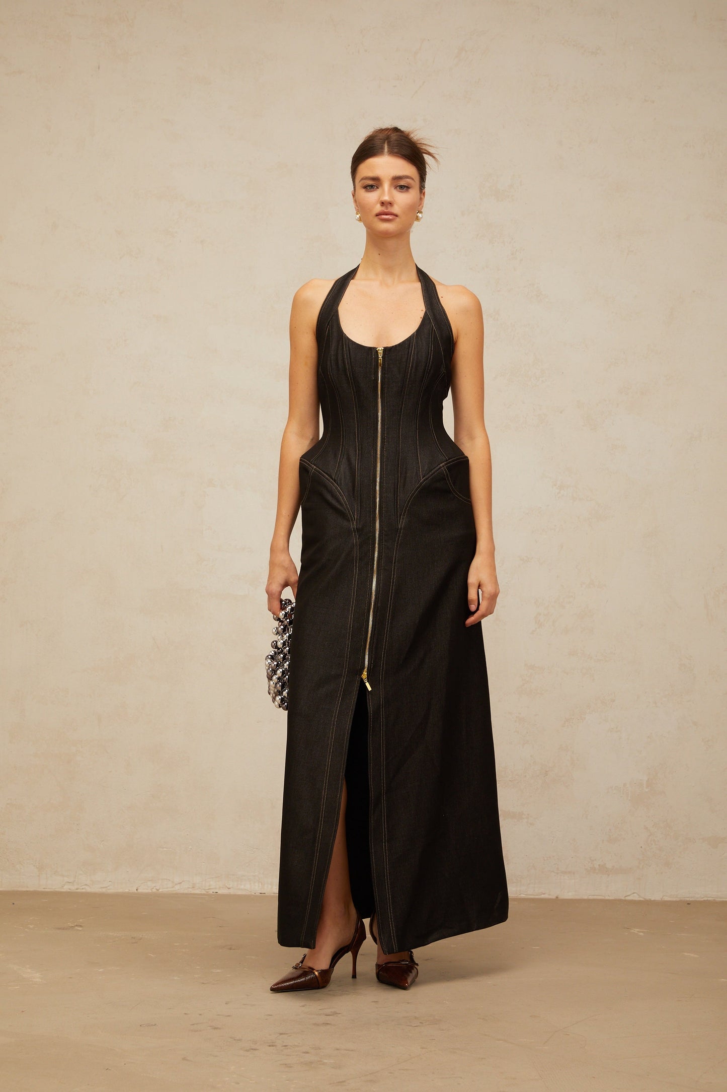 Adrienne black denim front-slit contrast-stitching maxi dress