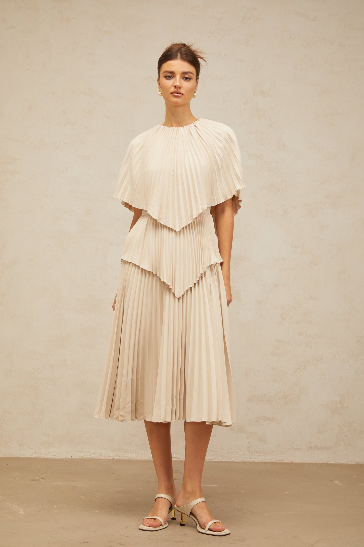 Héloïse neutrals cape pleated midi dress