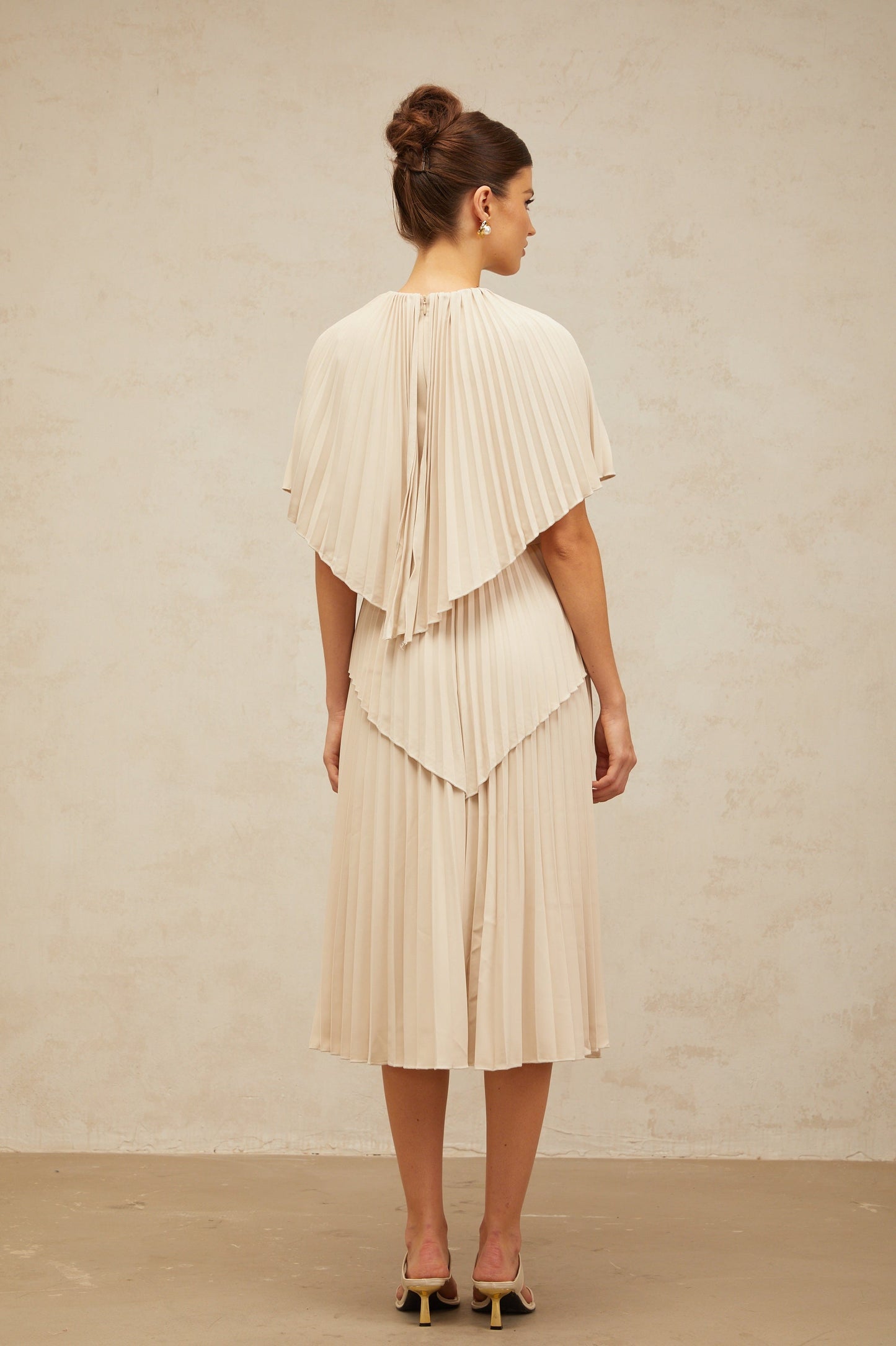 Héloïse neutrals cape pleated midi dress