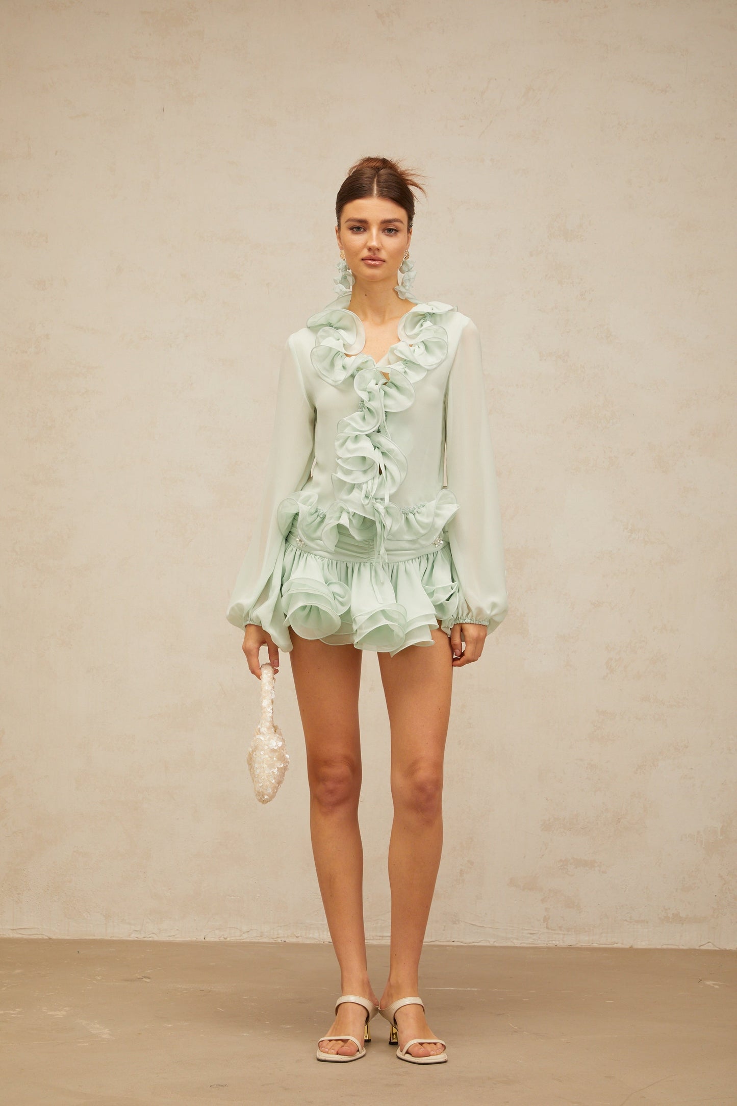 Noémie green flounced chiffon blouse & skirt matching set