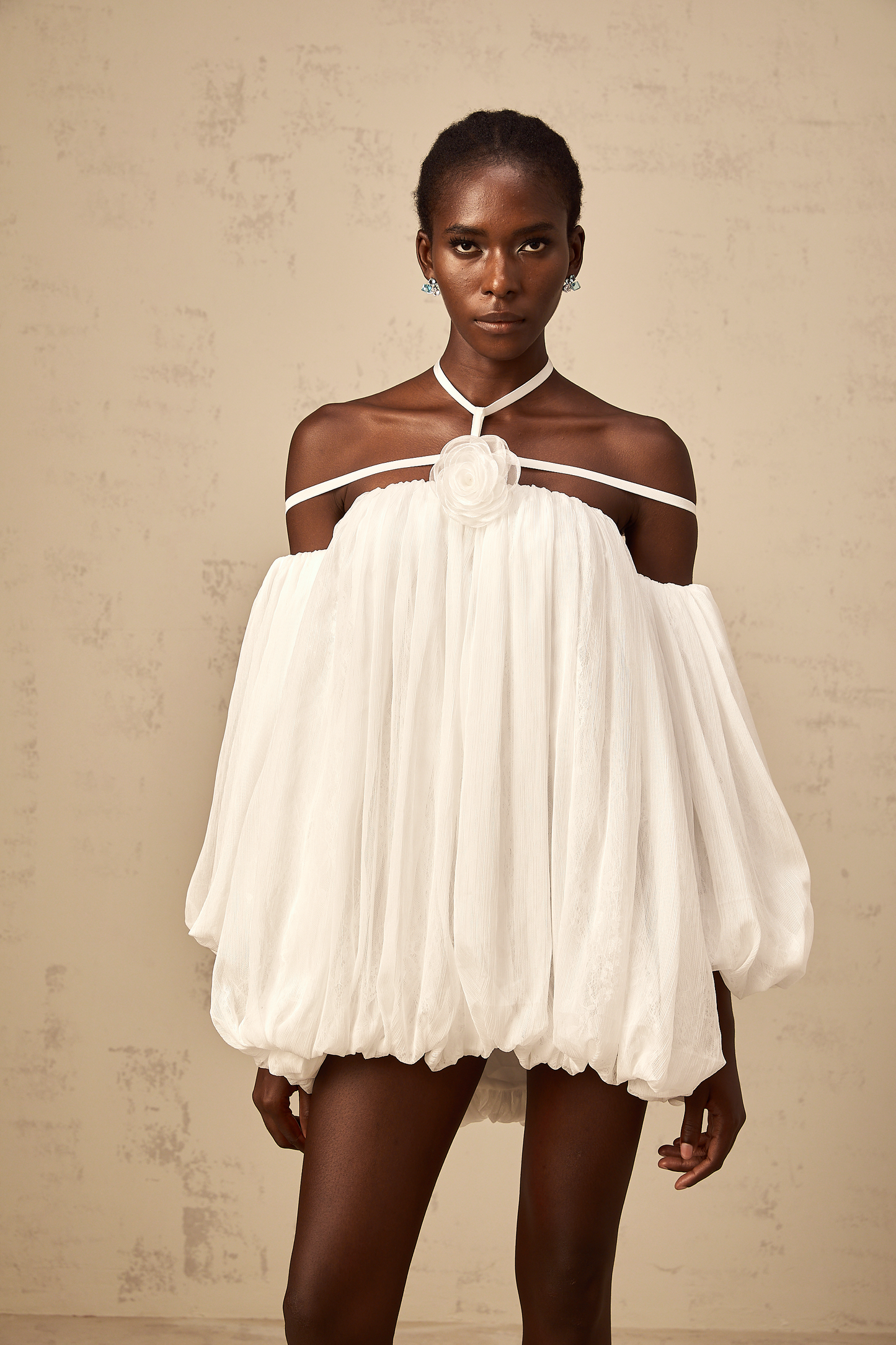Hortense white floral-appliqué pleated tulle mini dress