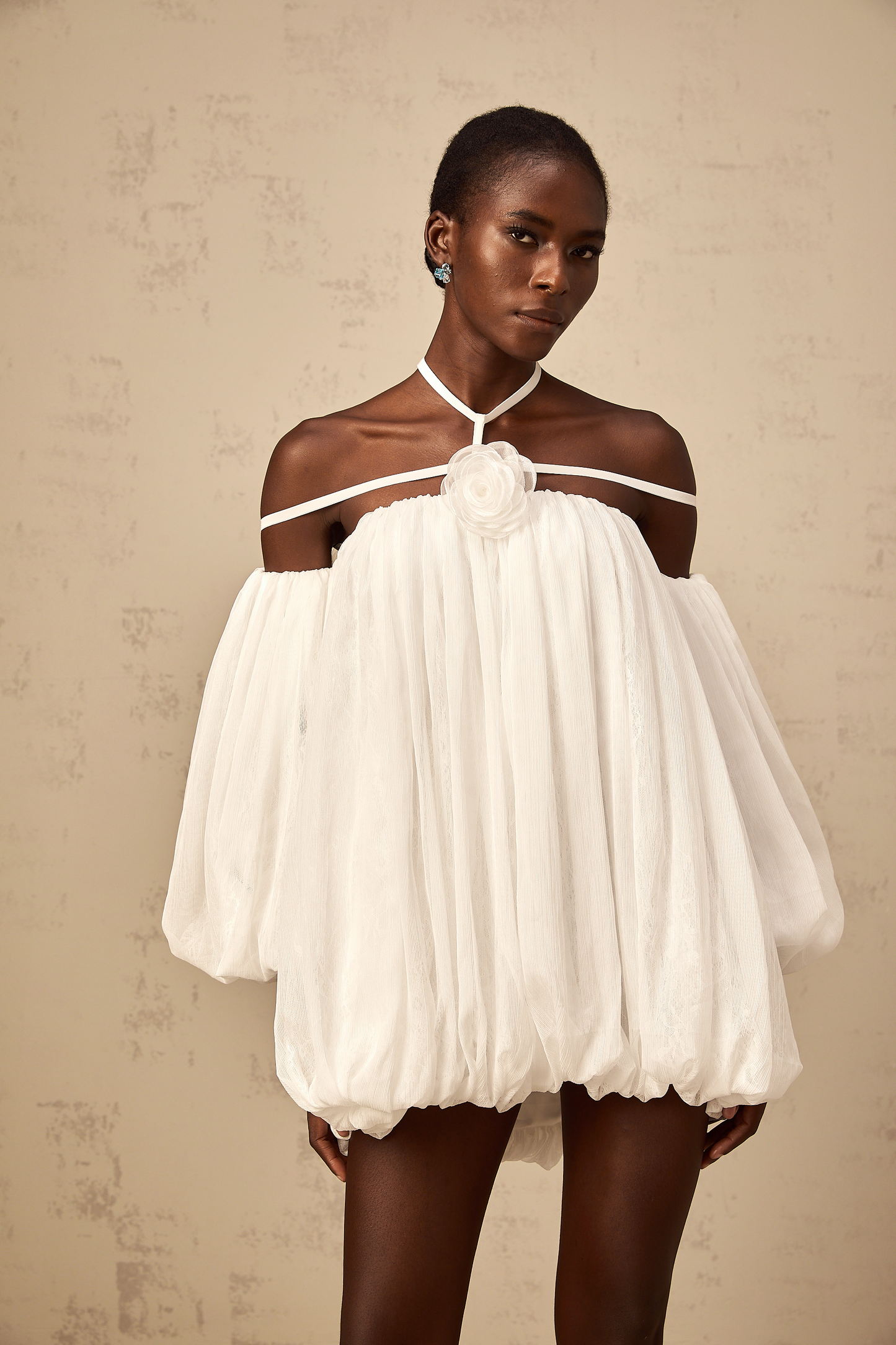 Hortense white floral-appliqué pleated tulle mini dress