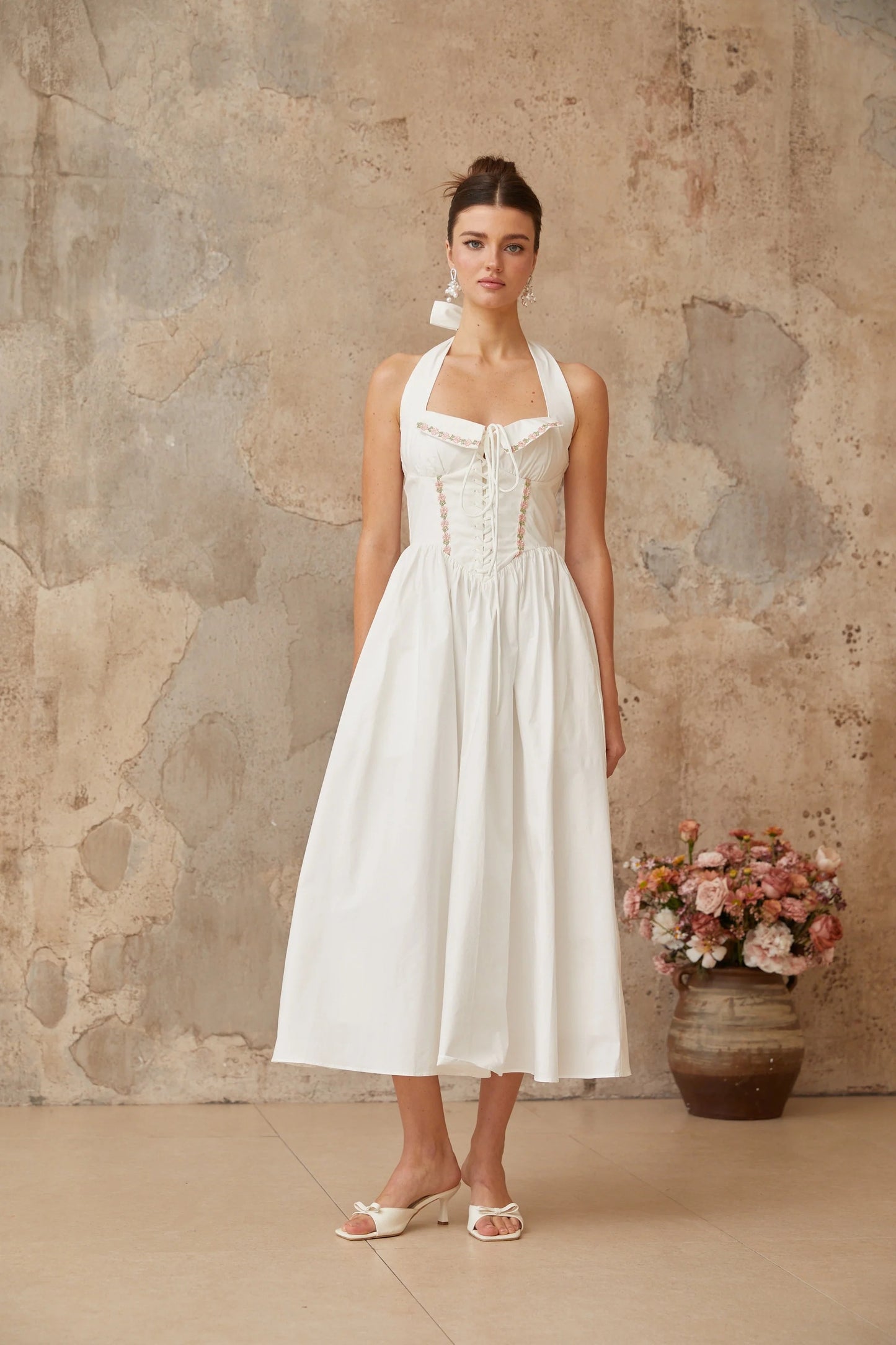 Dulcie White Basque Waist Midi Dress
