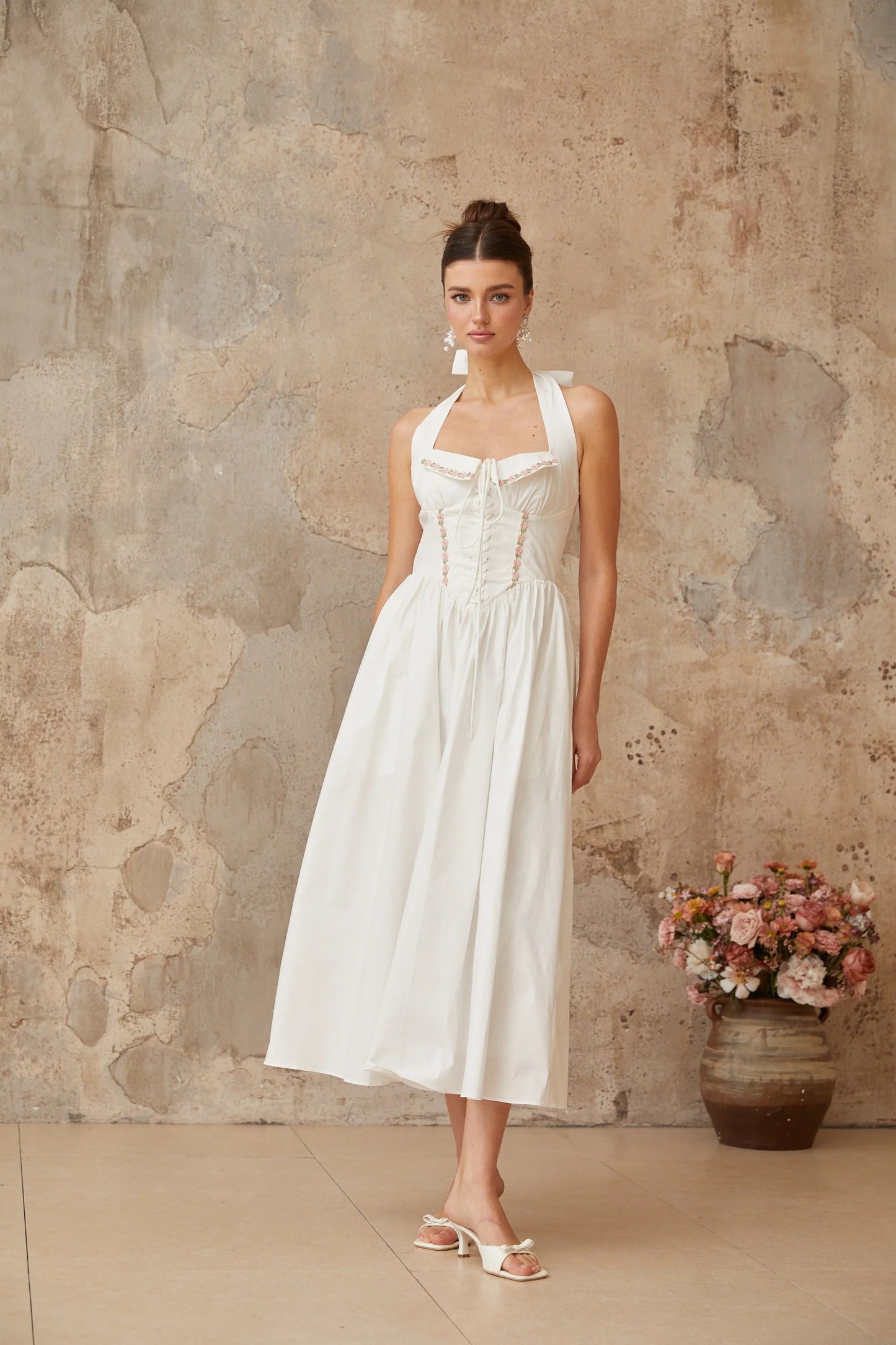 Dulcie White Basque Waist Midi Dress