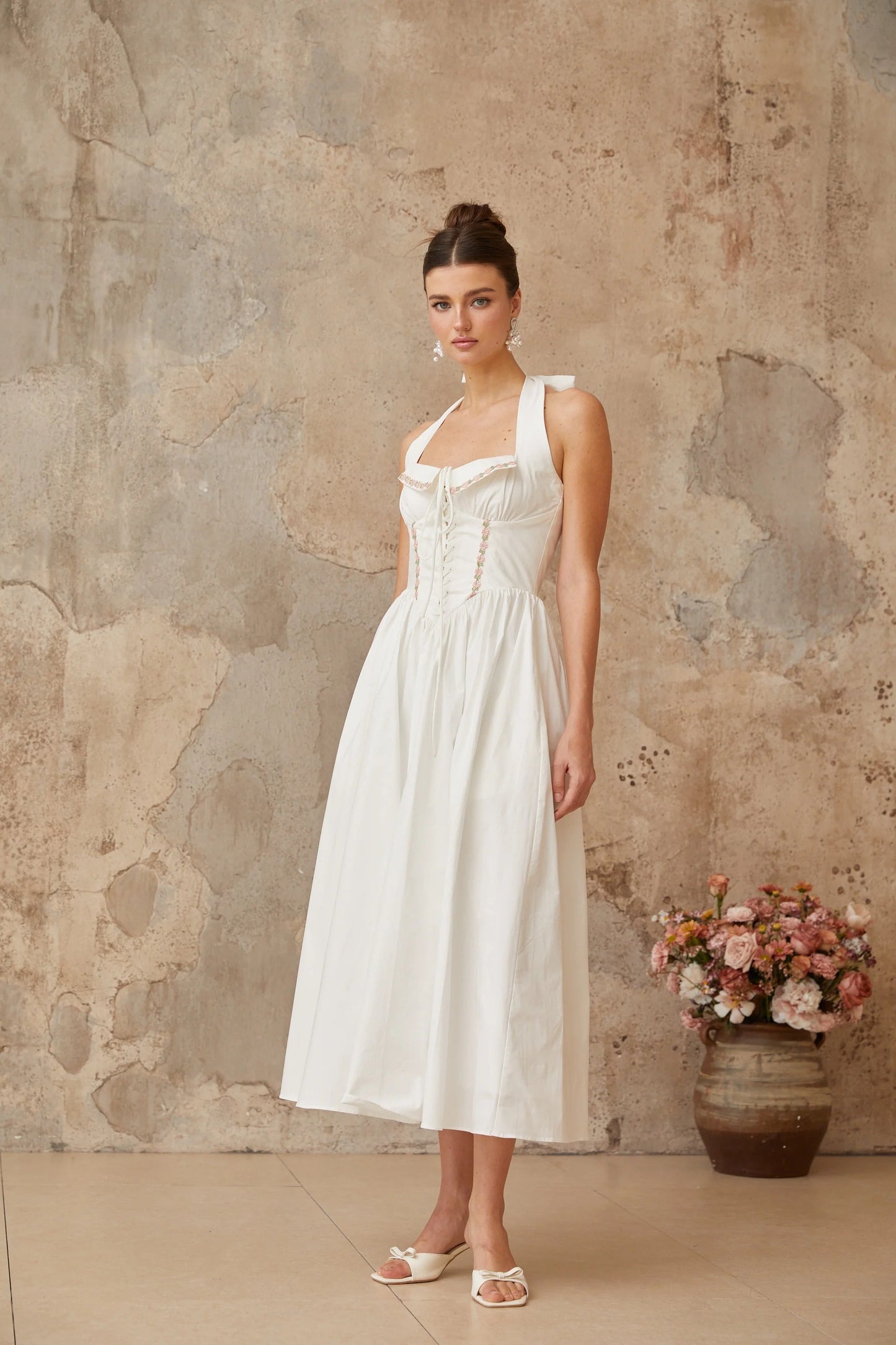 Dulcie White Basque Waist Midi Dress